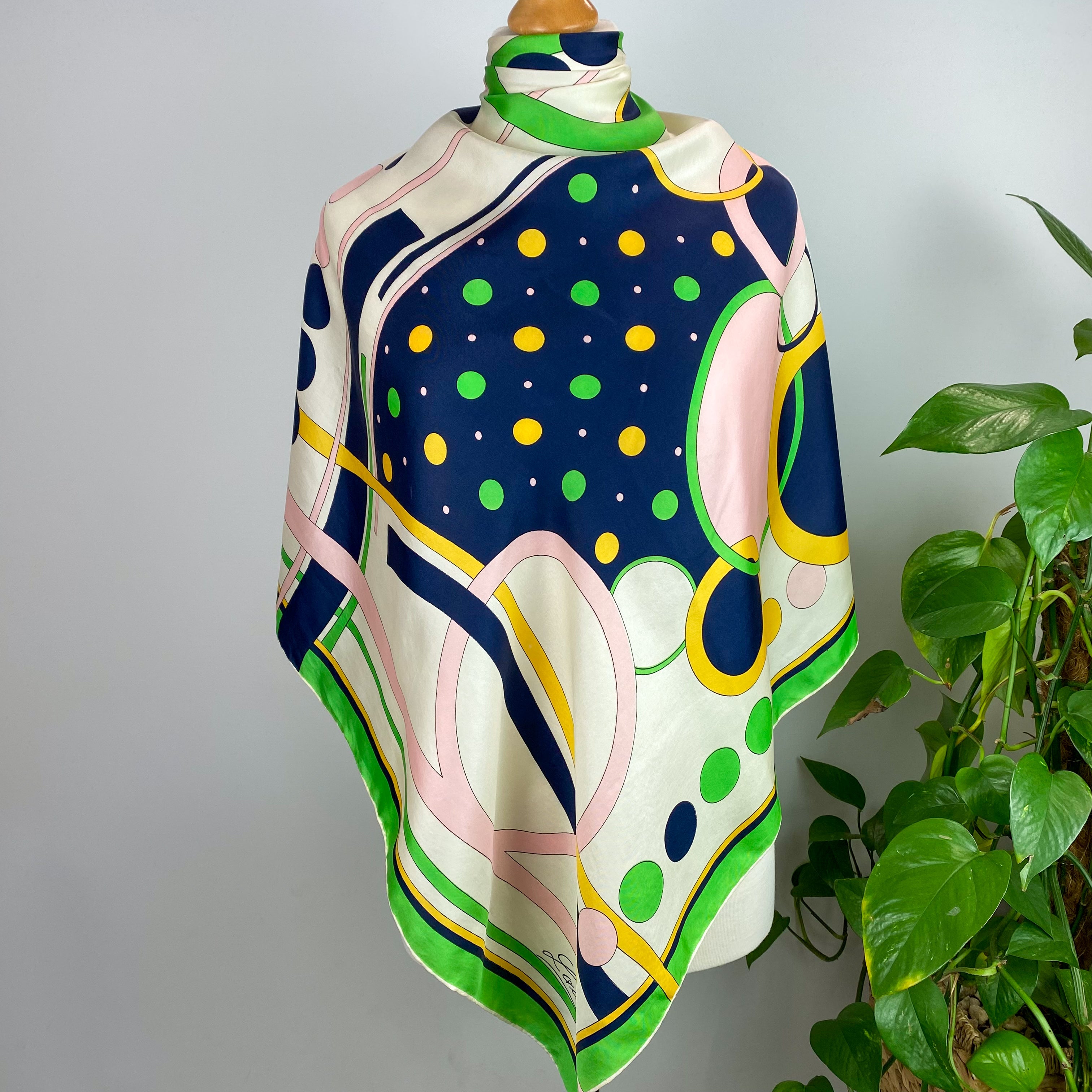 Laure Navy and Green Abstract Silk Scarf