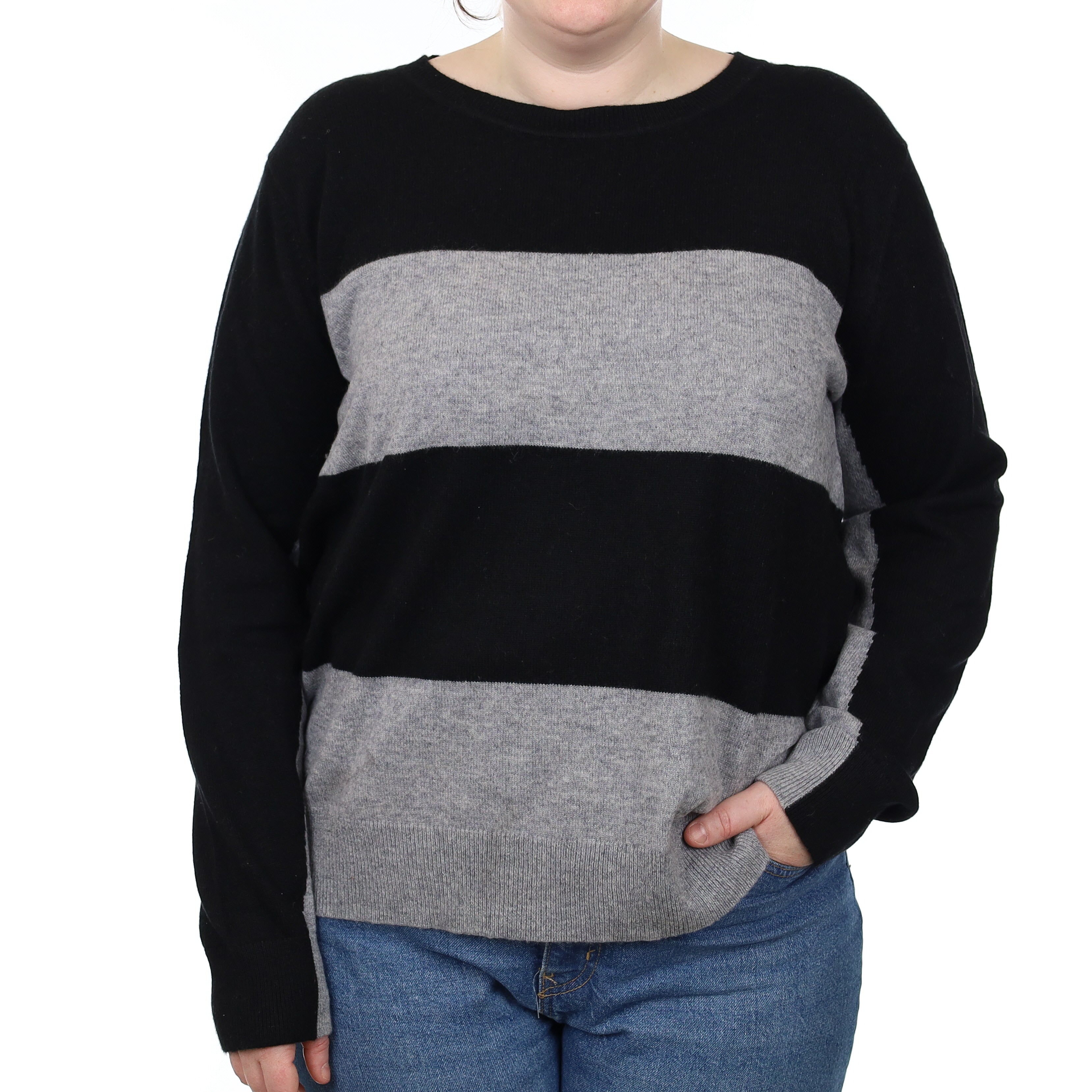 Black and Grey Striped Cashmere Crew Neck Jumper Large