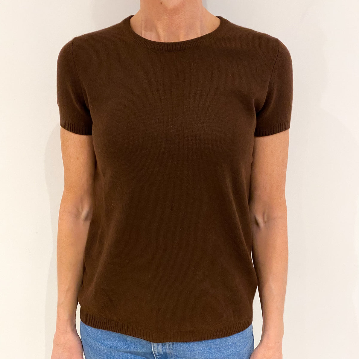 Chocolate Brown Cashmere Short Sleeve Crew Neck Jumper Small