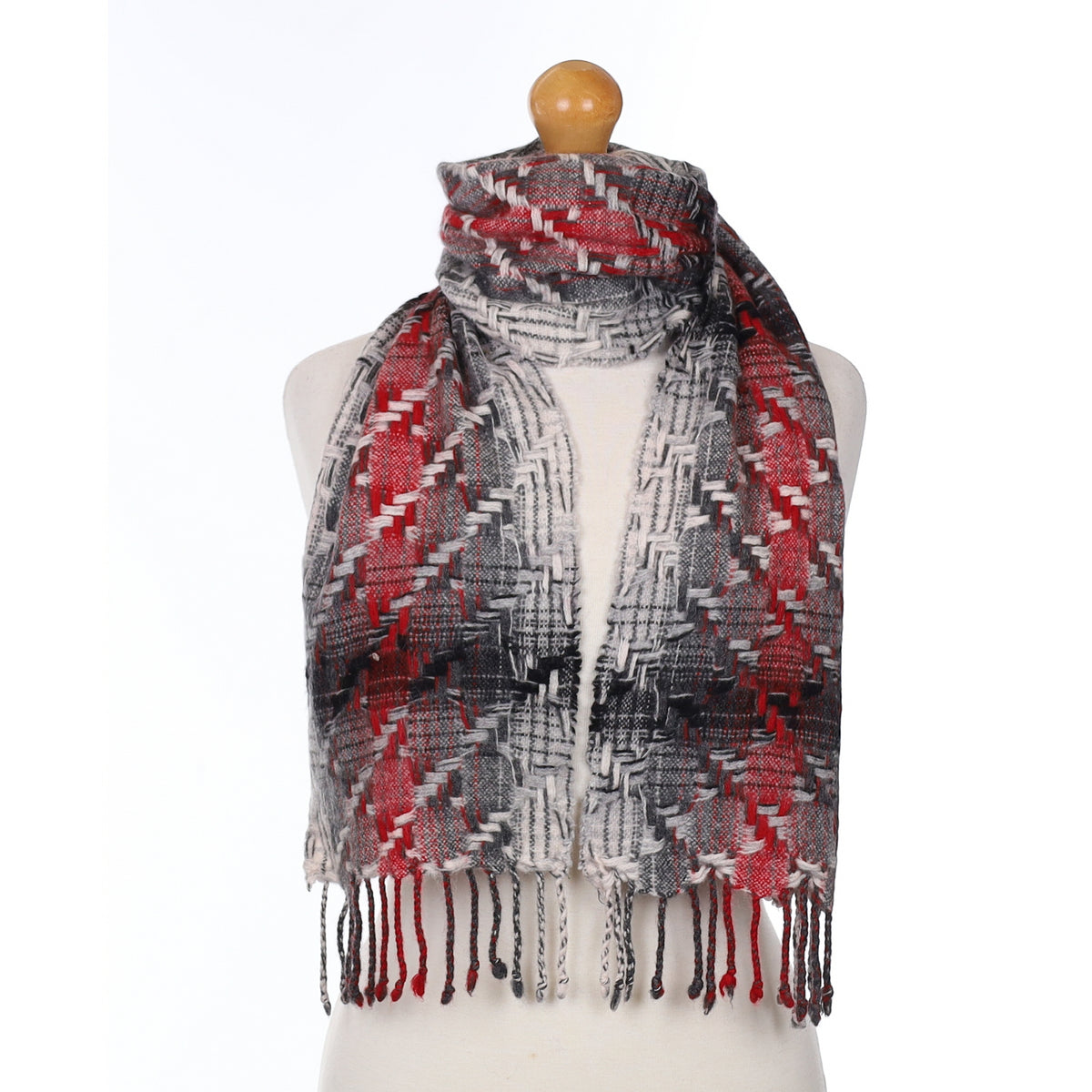 Red and Grey Textured Cashmere Woven Scarf