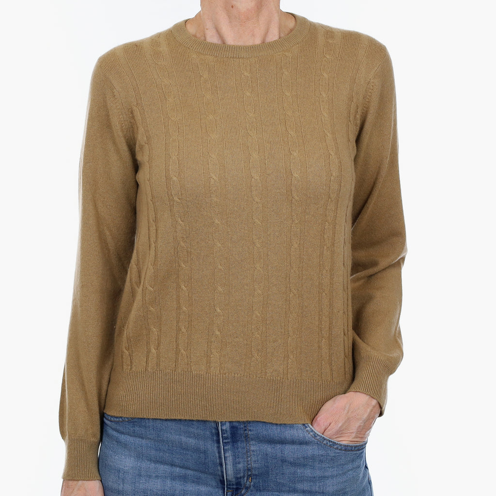 Toffee Brown Cable Front Cashmere Crew Neck Jumper Small