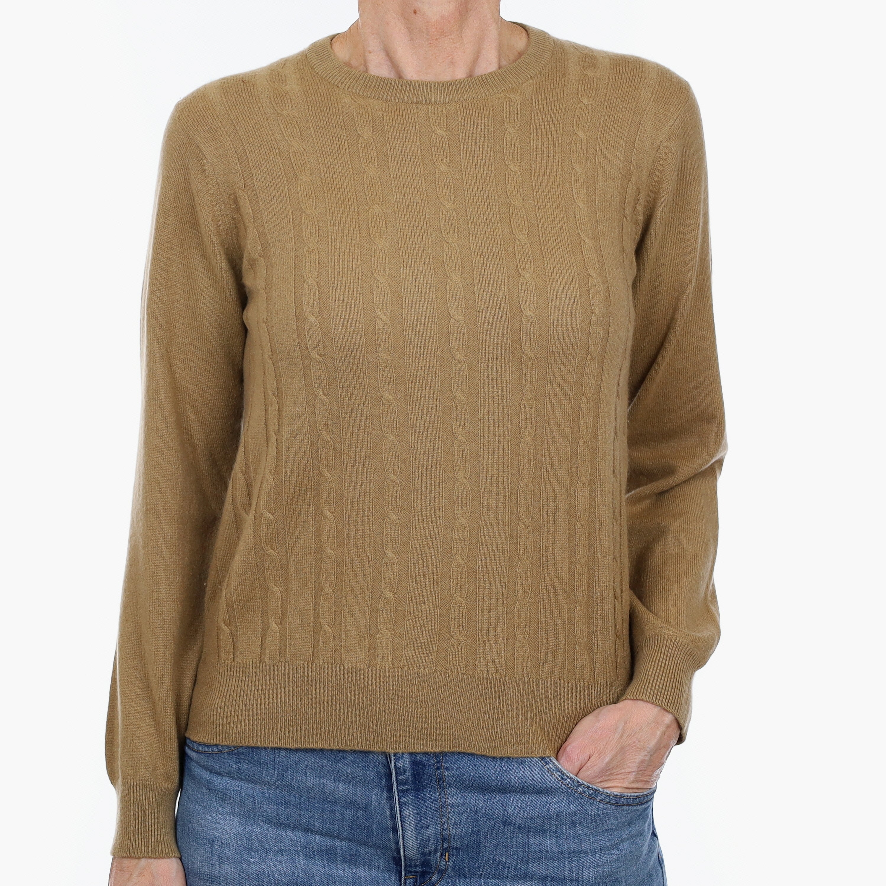 Toffee Brown Cable Front Cashmere Crew Neck Jumper Small
