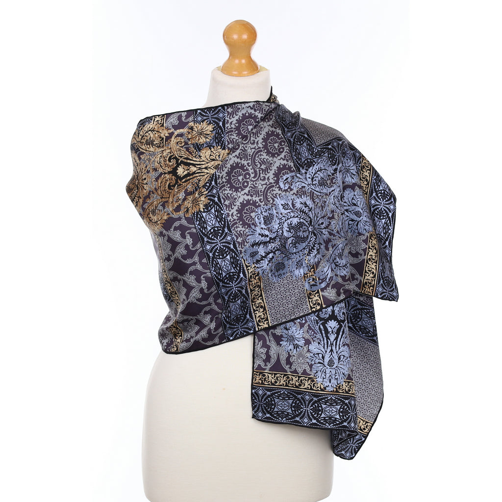 Unworn Jammers & Leufgen Blue, Black and Beige Long Silk Scarf