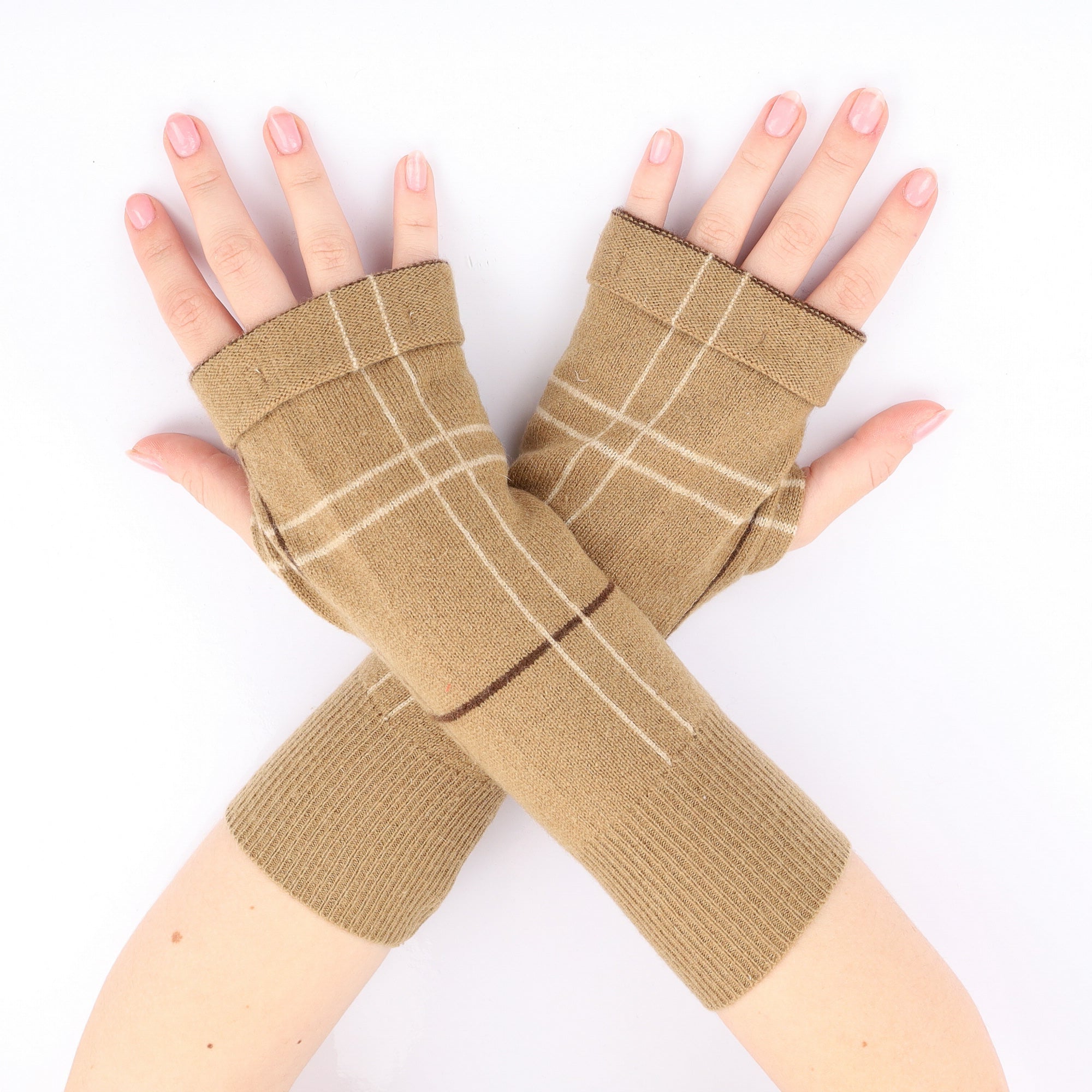 Toffee Brown Checked Fingerless Gloves