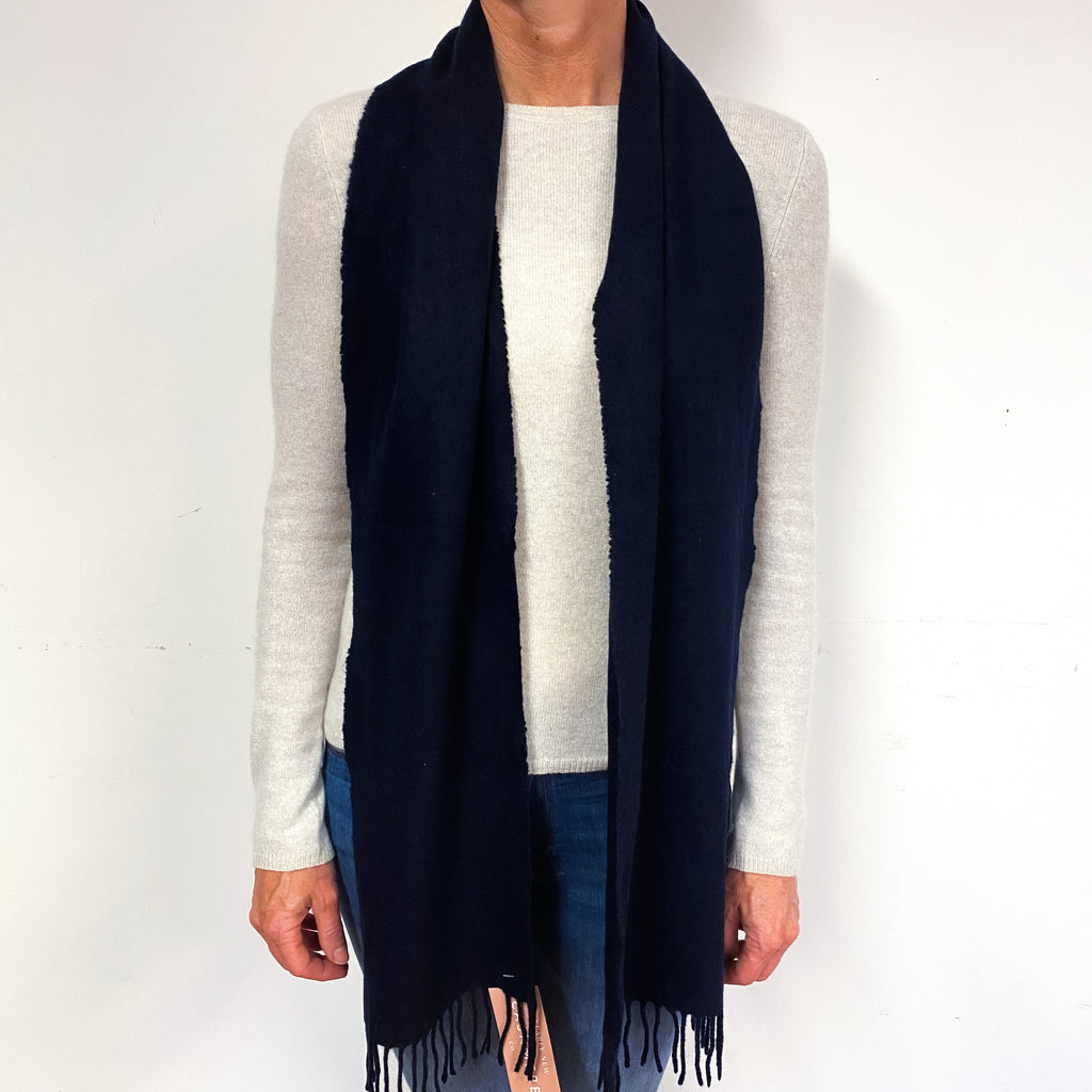 Navy Blue Fringed Woven Scarf
