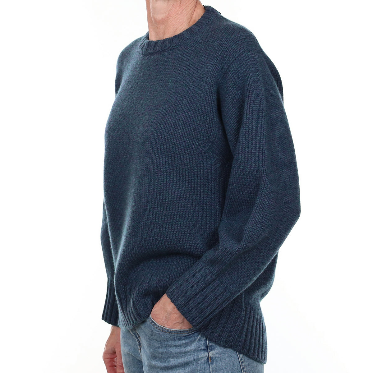 Brand New Scottish Petrol Blue Marl Cashmere Chunky Crew Neck Jumper Small