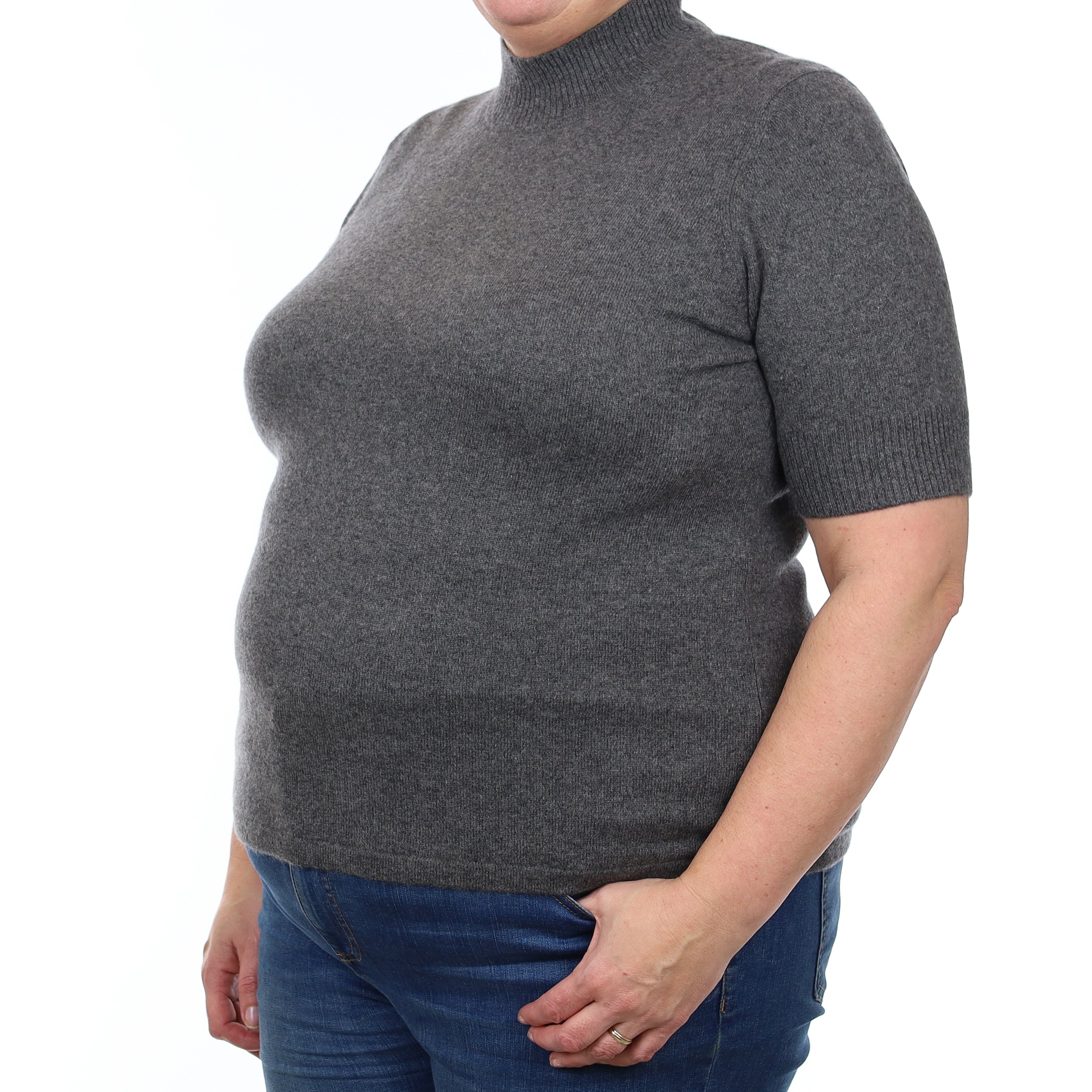 Slate Grey Cashmere Short Sleeved Turtle Neck Jumper Extra Large