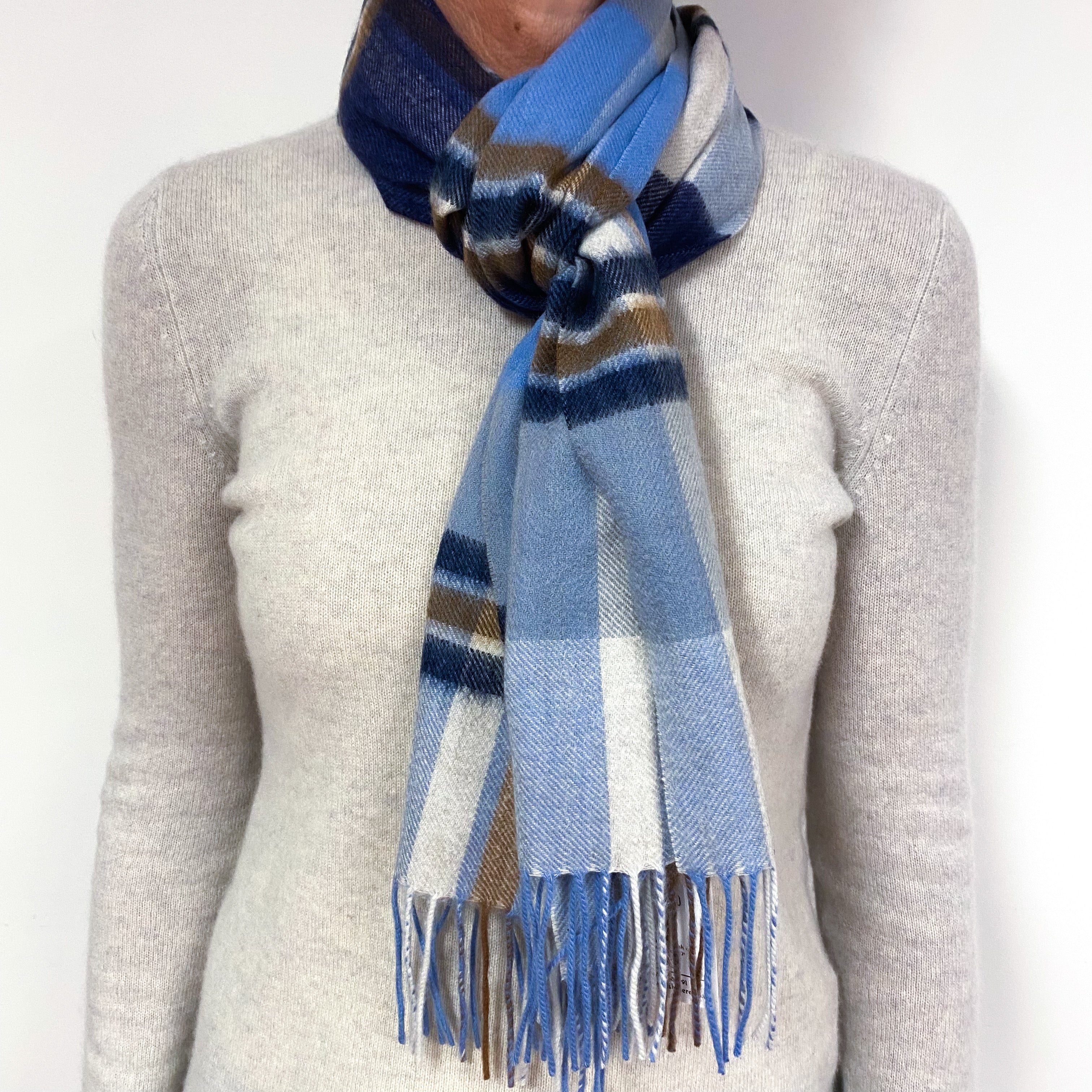 Blue and Mocha Checked Fringed Cashmere Woven Scarf