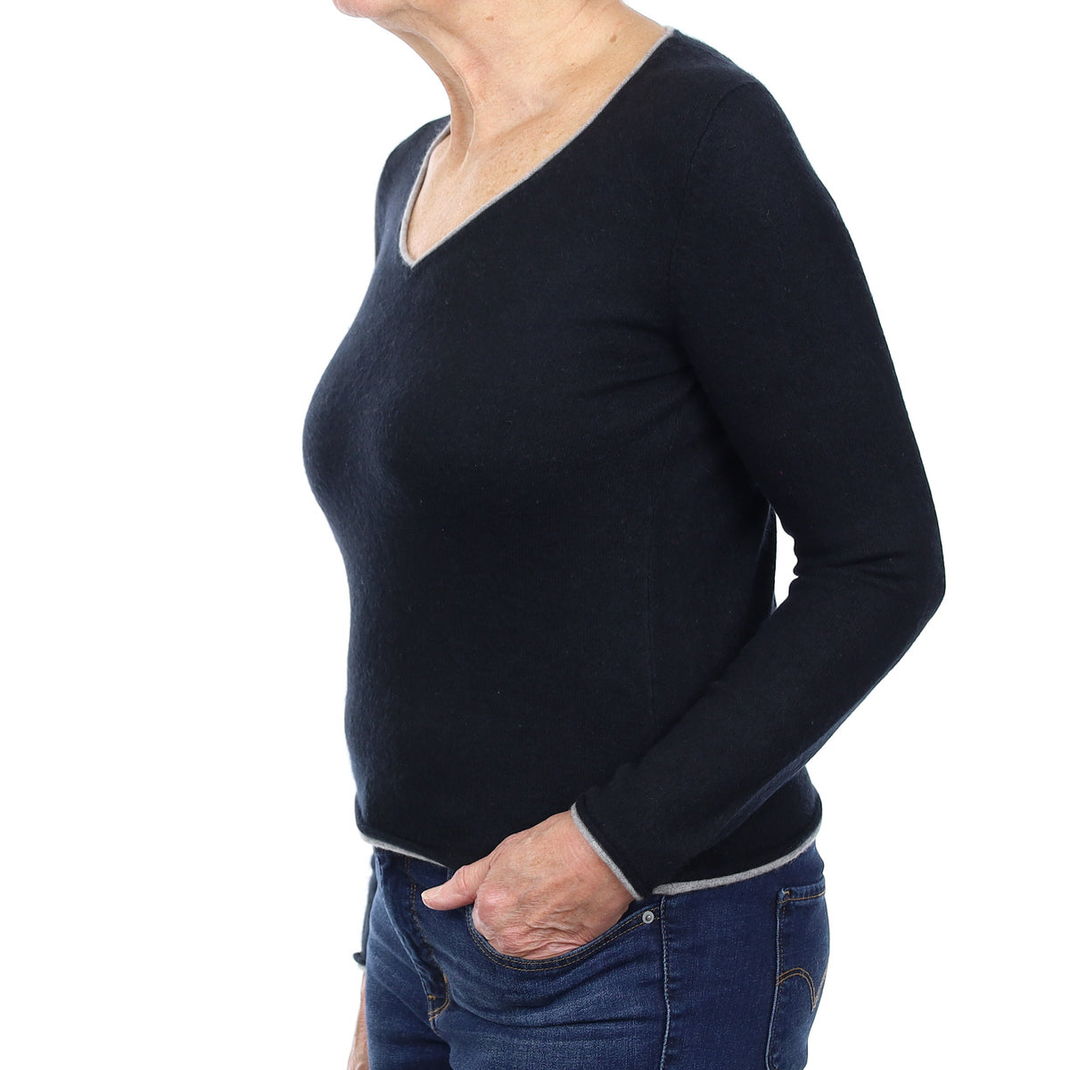 Black Grey Trim Cashmere V Neck Jumper Medium
