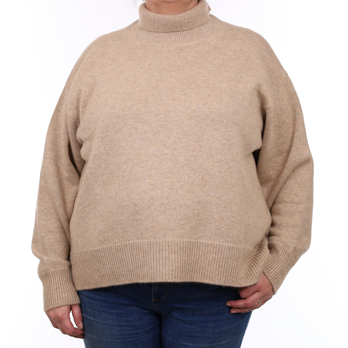 Brand New Scottish Biscuit Brown Chunky Knit Cashmere Polo Neck Jumper Extra Large