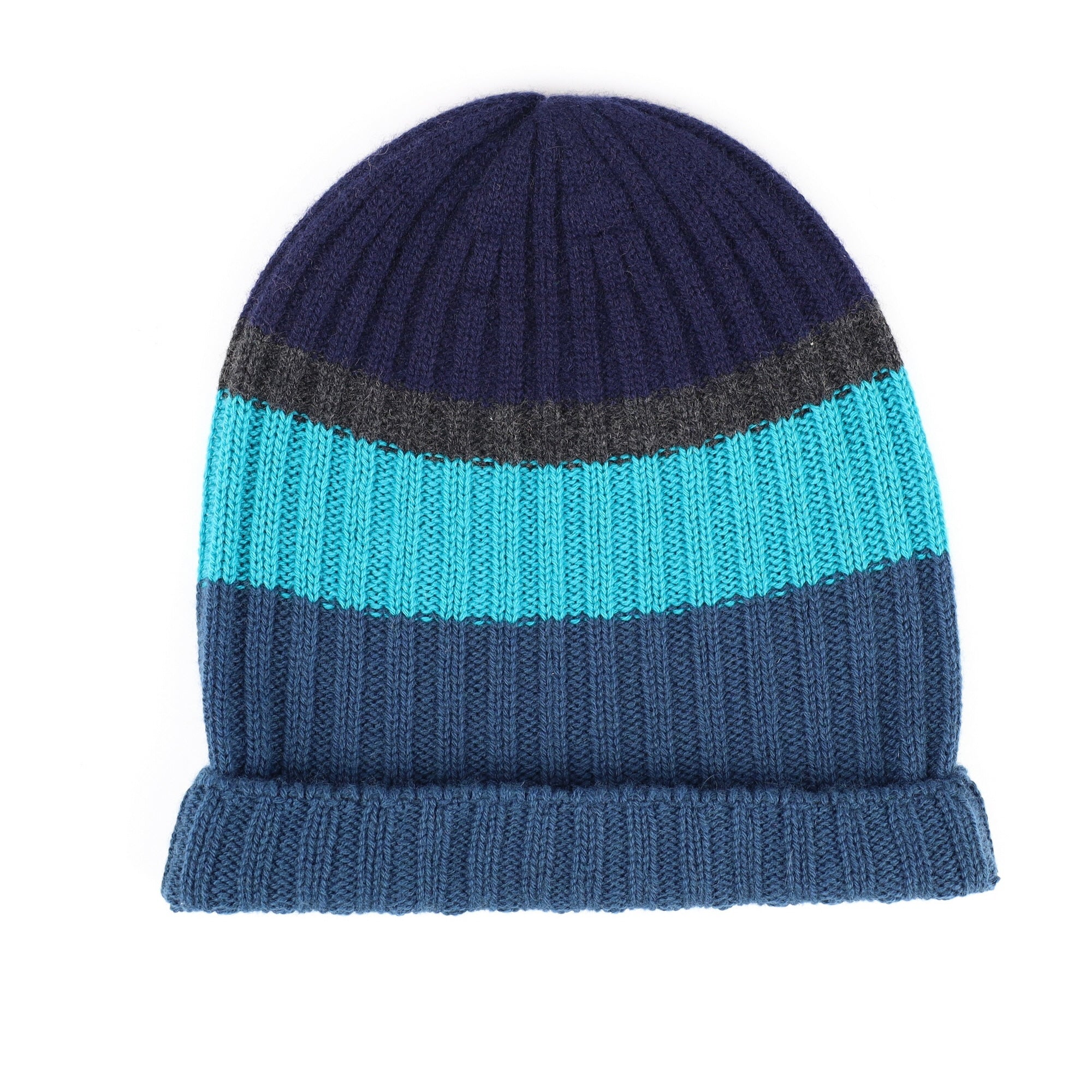 Begg & Co Scottish Blue Stripe Chunky Cashmere Beanie Hat