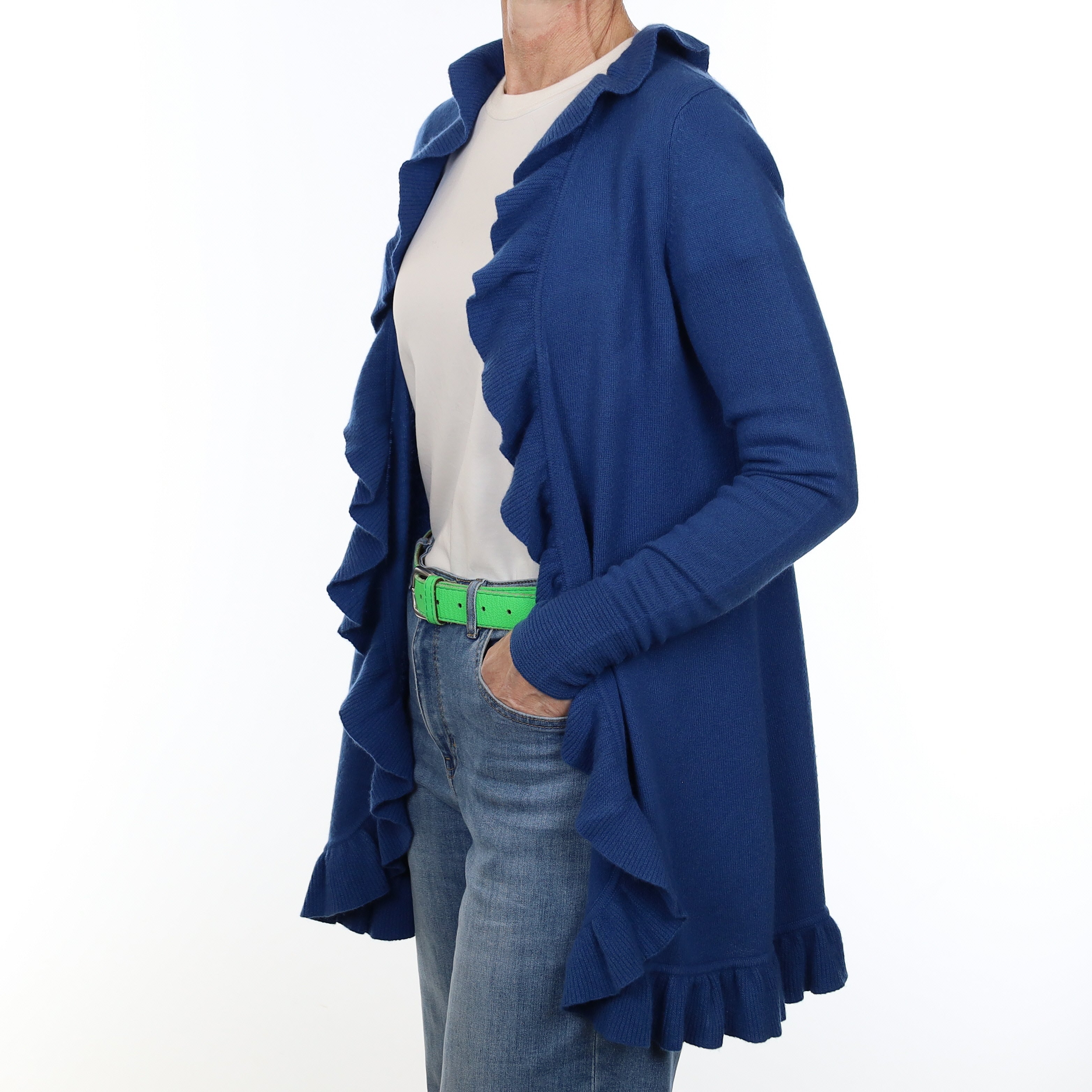 Ocean Blue Cashmere Ruffle Edged Cardigan Small