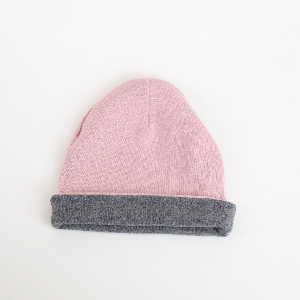 Ash Grey and Pink Reversible Cashmere Beanie Hat