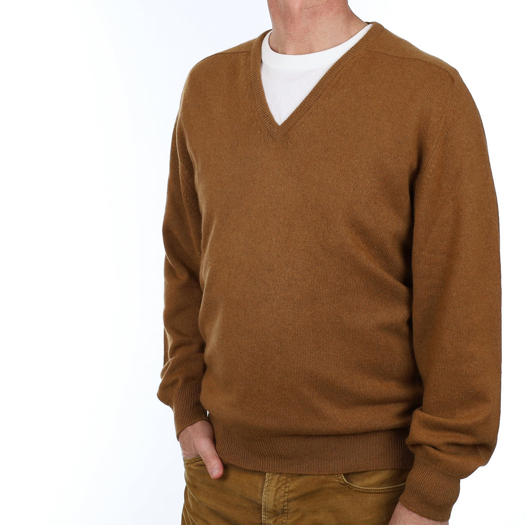 Men’s Vintage Scottish Cinnamon Brown Cashmere V Neck Jumper Extra Large