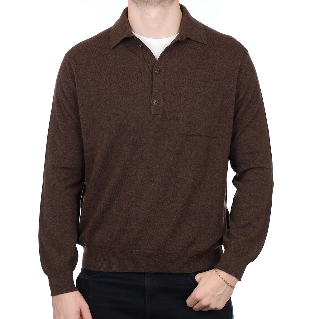 Men’s Brand New Scottish Chocolate Brown Cashmere Collared 1/4 Button Jumper XXL
