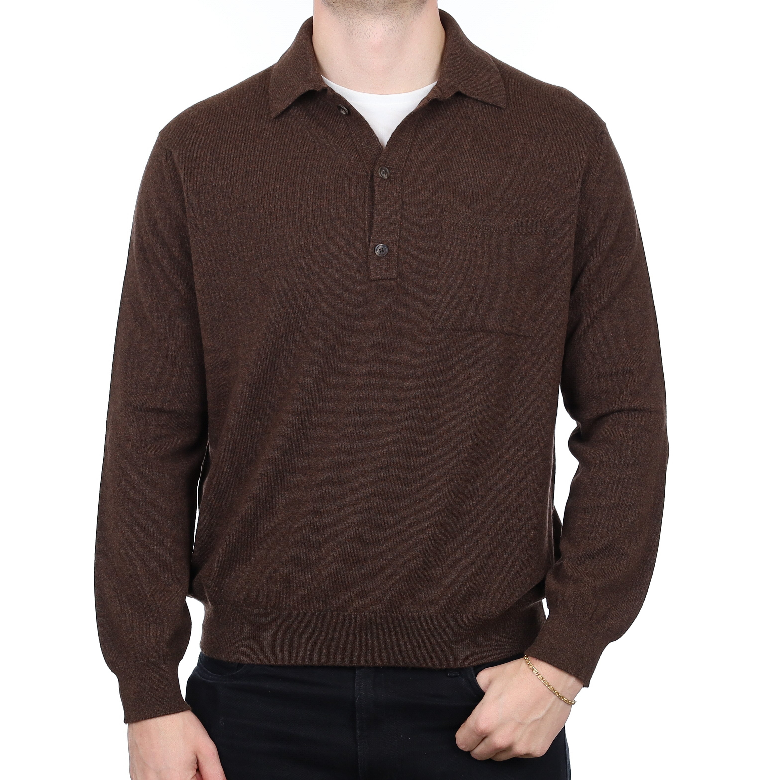 Men’s Brand New Scottish Chocolate Brown Cashmere Collared 1/4 Button Jumper XXL