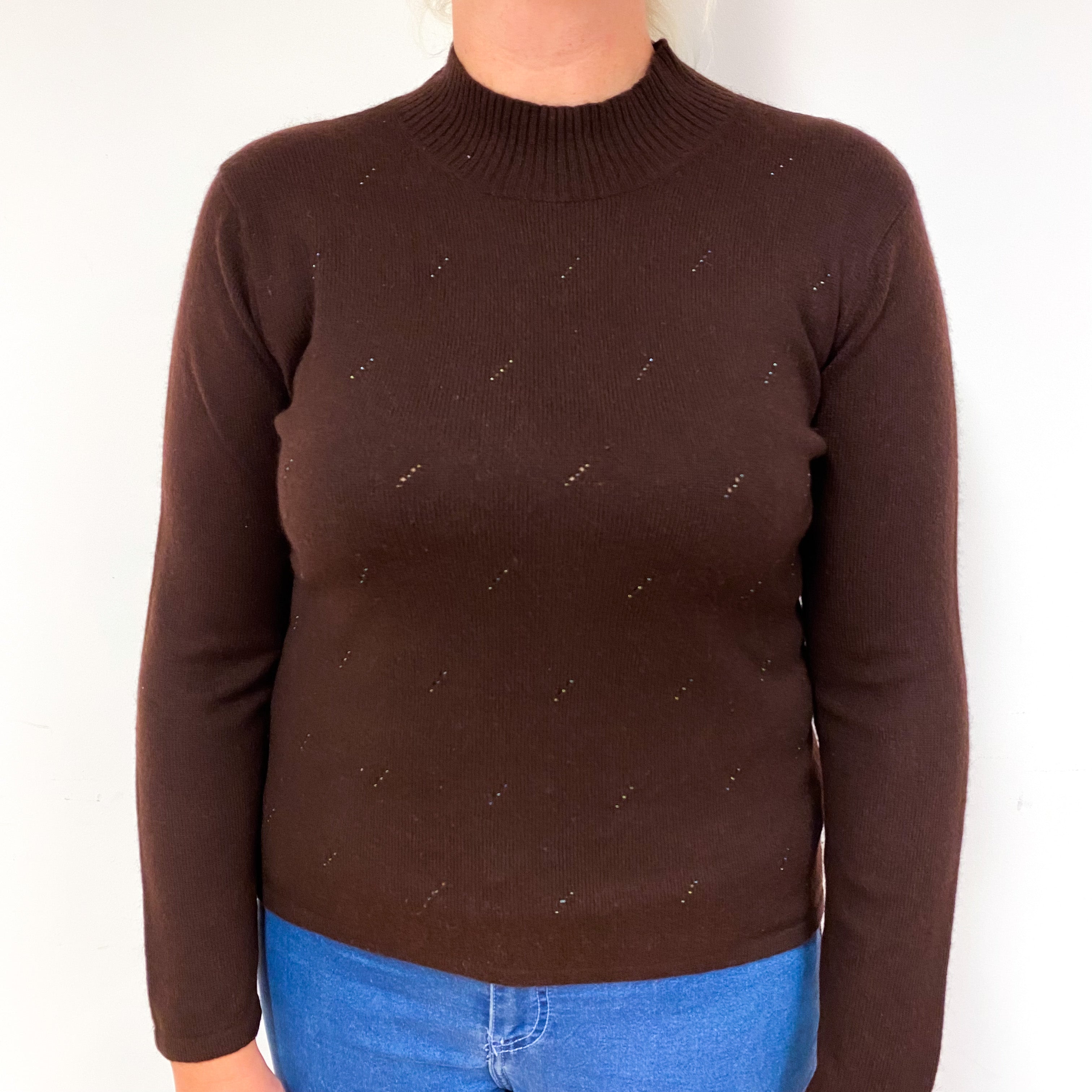 Chocolate Brown Beaded Cashmere Turtle Neck Jumper Large