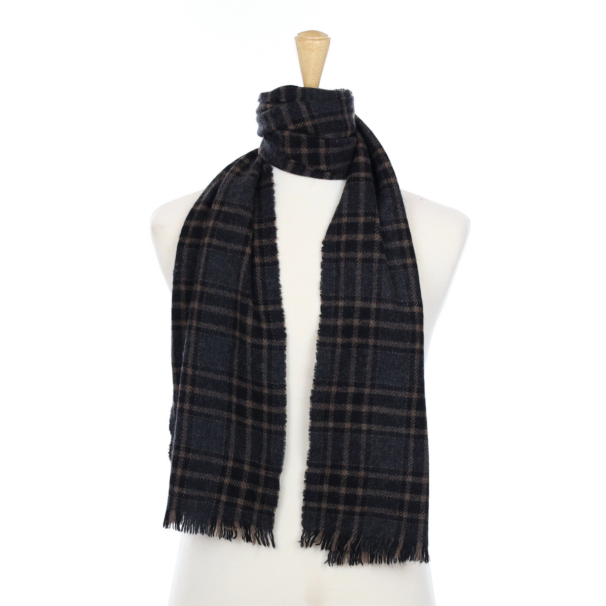 Chacoal Grey and Taupe Checked Cashmere Fringed Woven Scarf