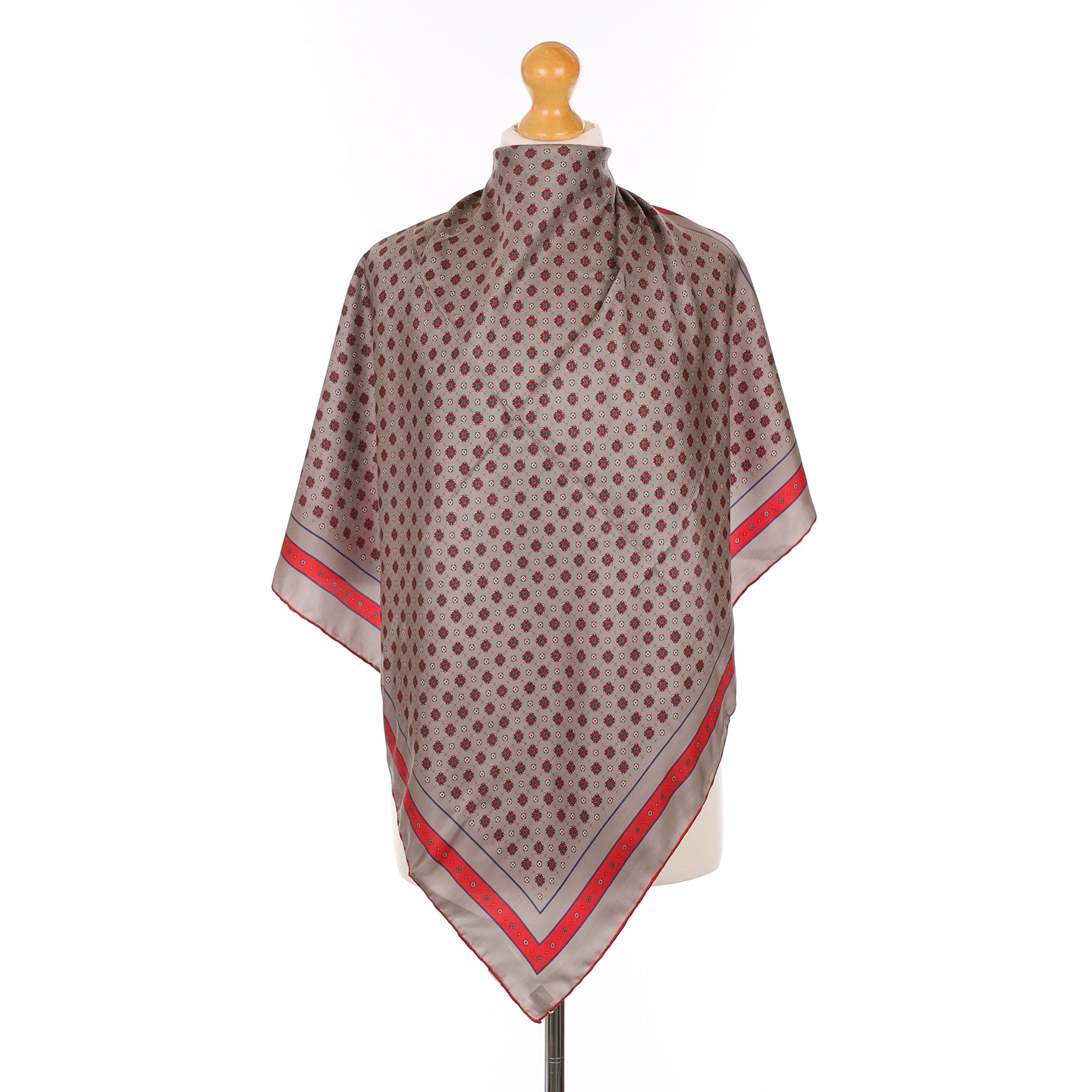 1970’s Brand New Ostinelli Grey and Red Vintage Silk Scarf