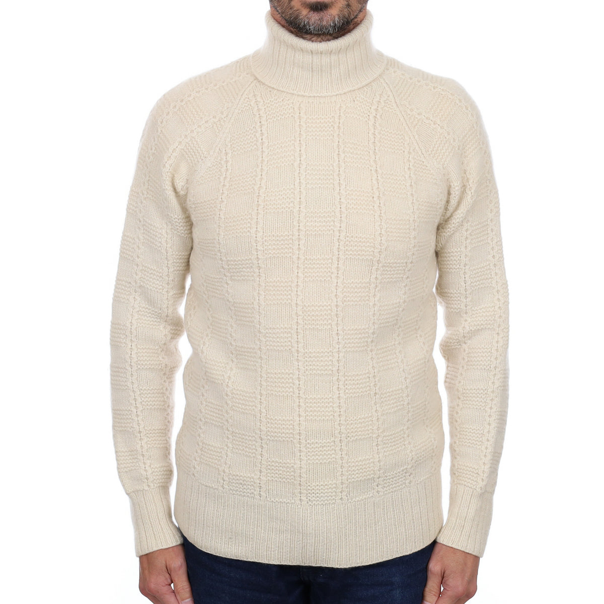 Men’s Cream Chunky Textured Cashmere Polo Neck Jumper Small