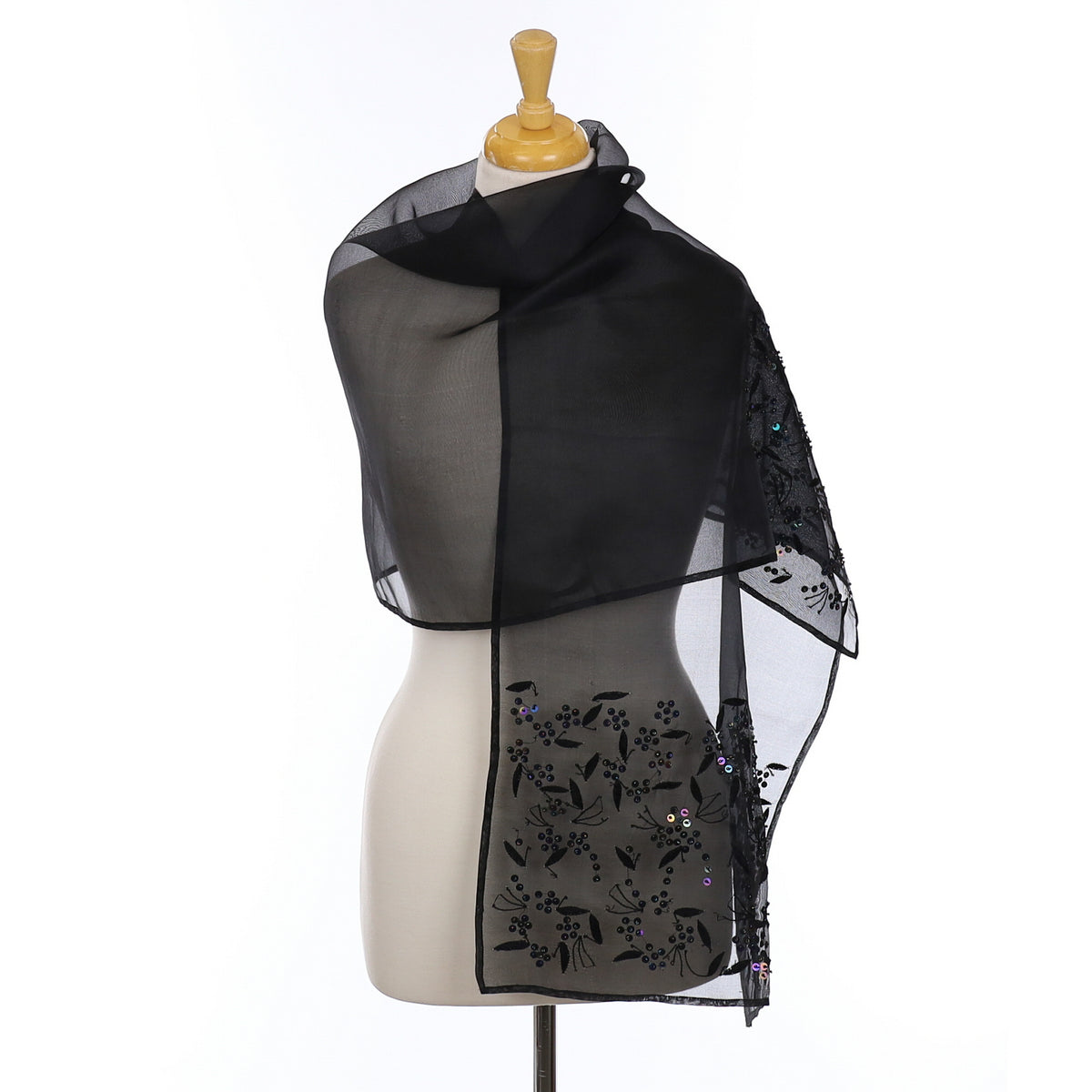 Black Stiffened Gauzy Evening Silk Scarf