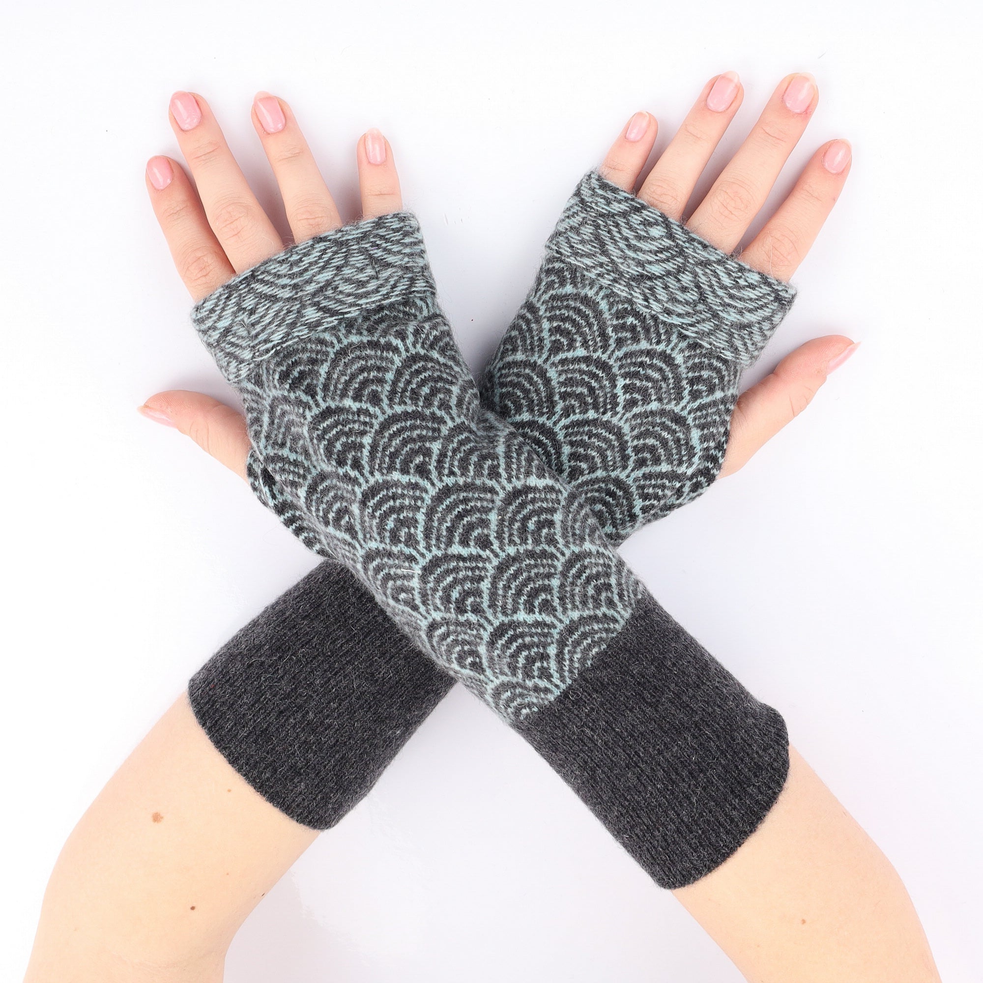 Grey and Mint Patterned Fingerless Gloves