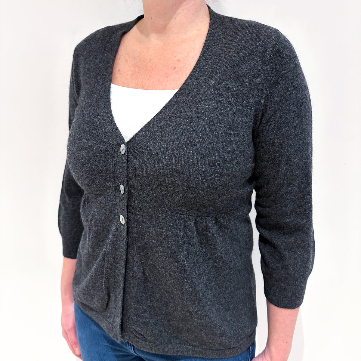 Charcoal Grey 3/4 Sleeve Cashmere Empire Line Cardigan Large