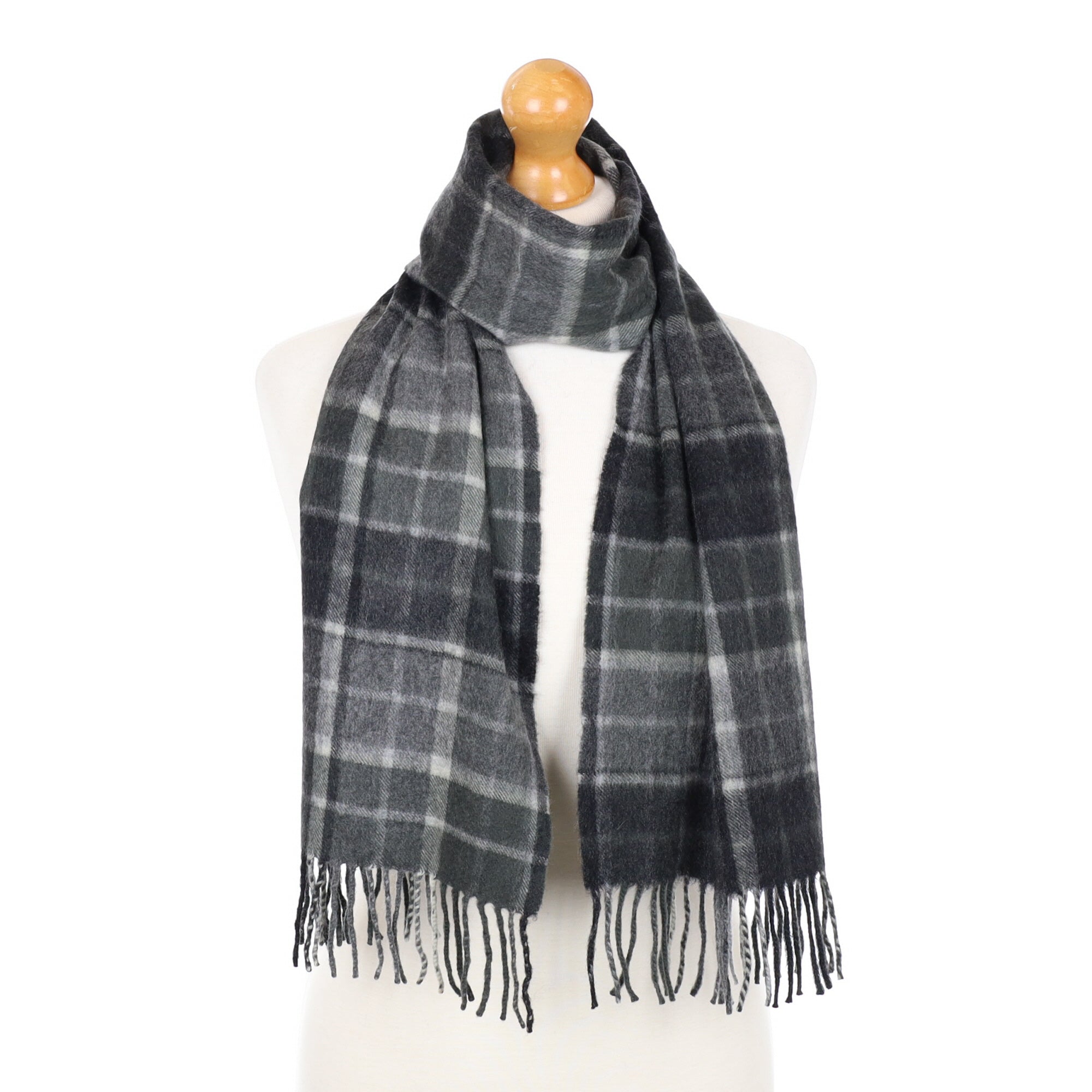 Scottish Grey Tartan Cashmere Fringed Woven Scarf