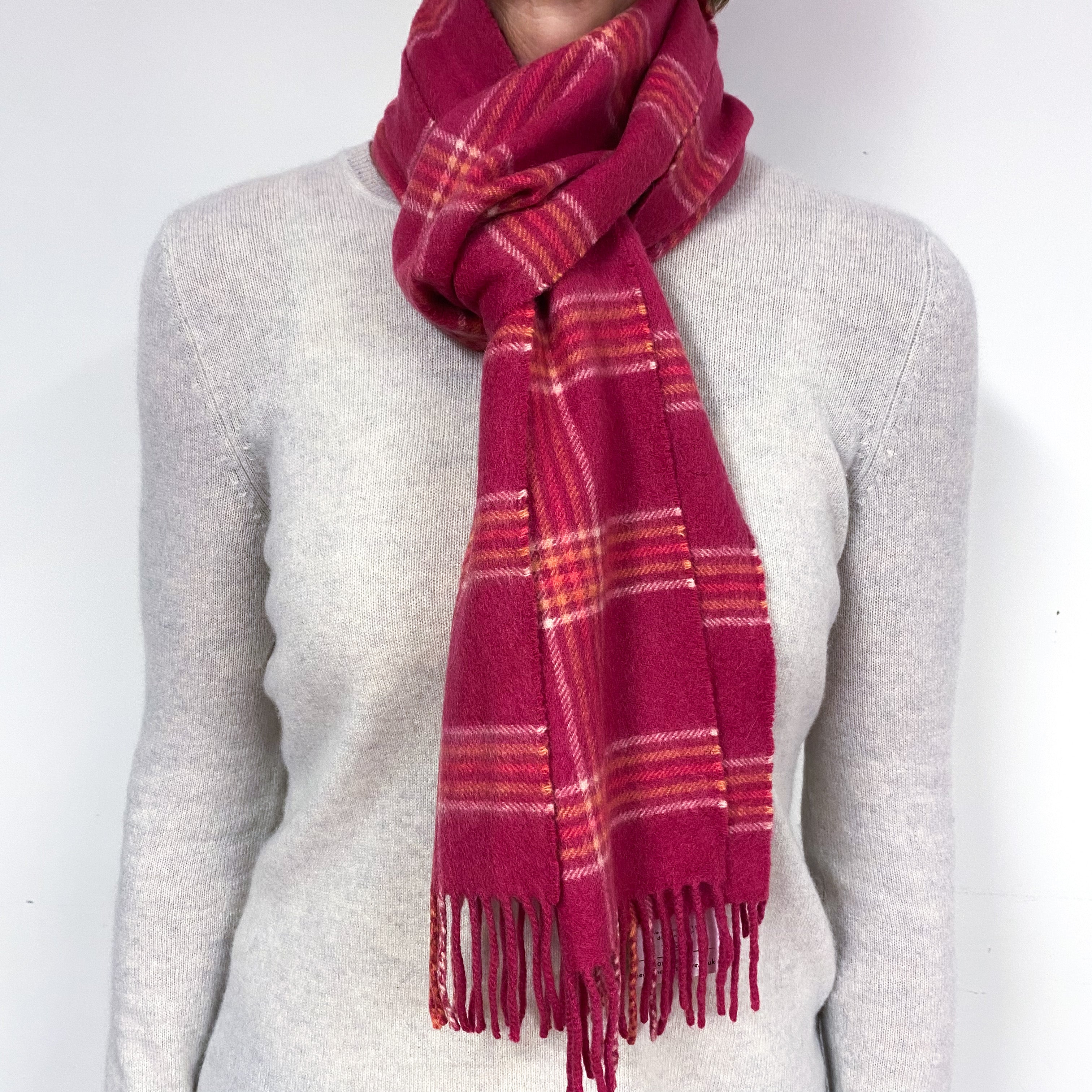 Crushed Raspberry and Mango Orange Checked Fringed Cashmere Woven Scarf