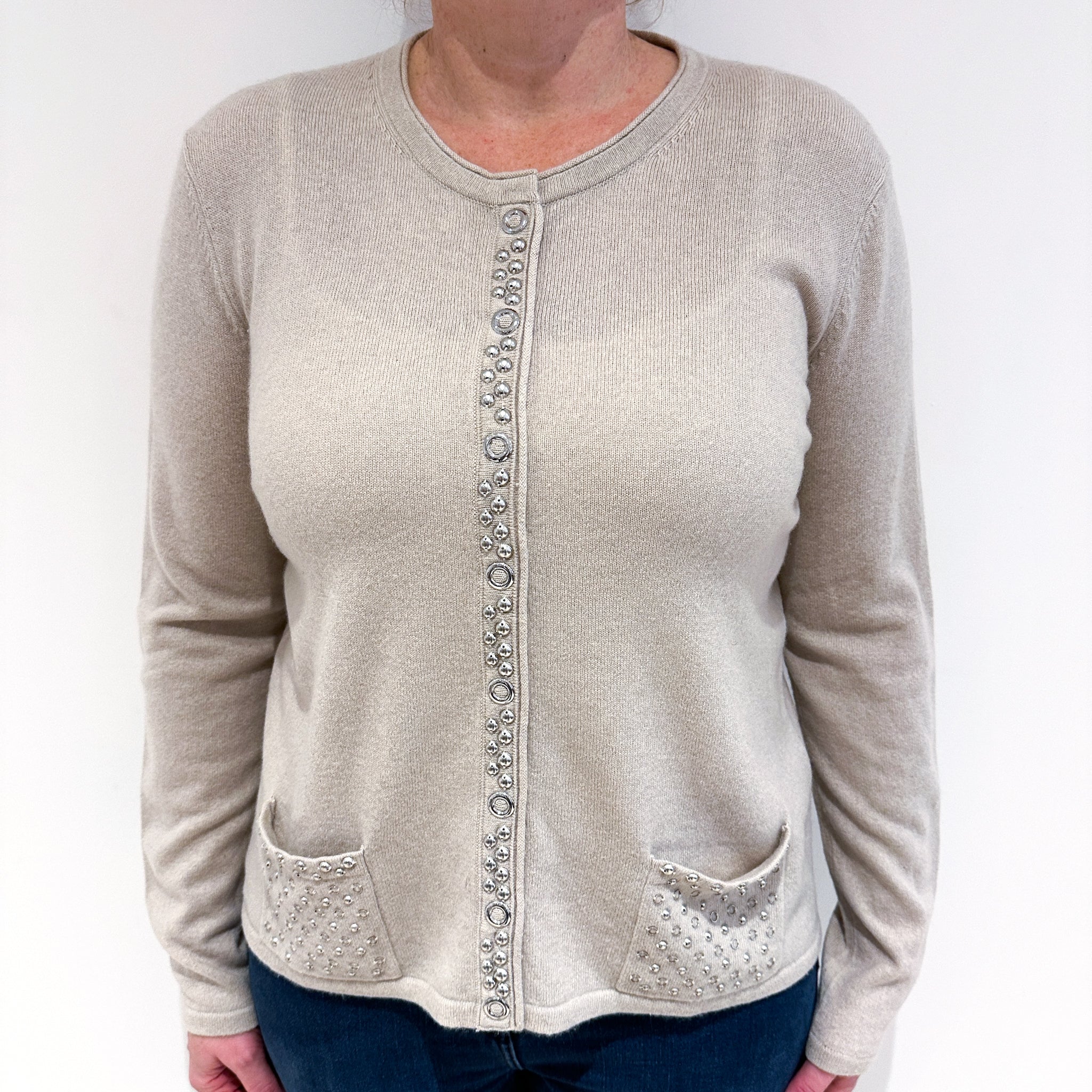 Oatmeal Silver Stud Crew Neck Cardigan Large