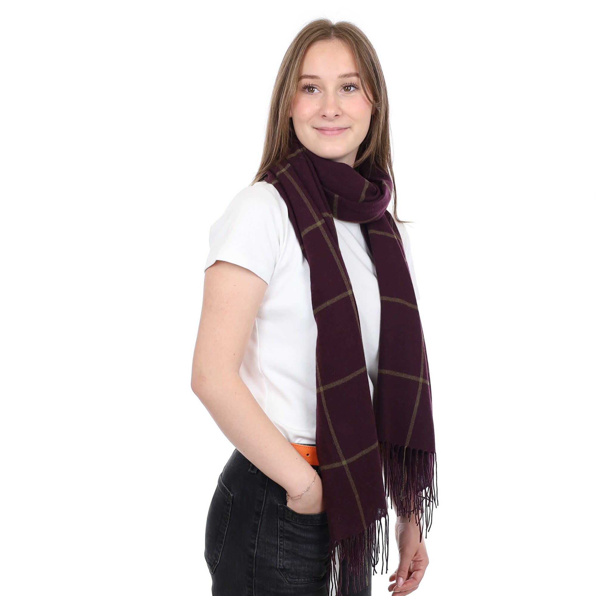 Brand New British Aubergine and Camel Check Luxury Woven Cashmere Pashmina