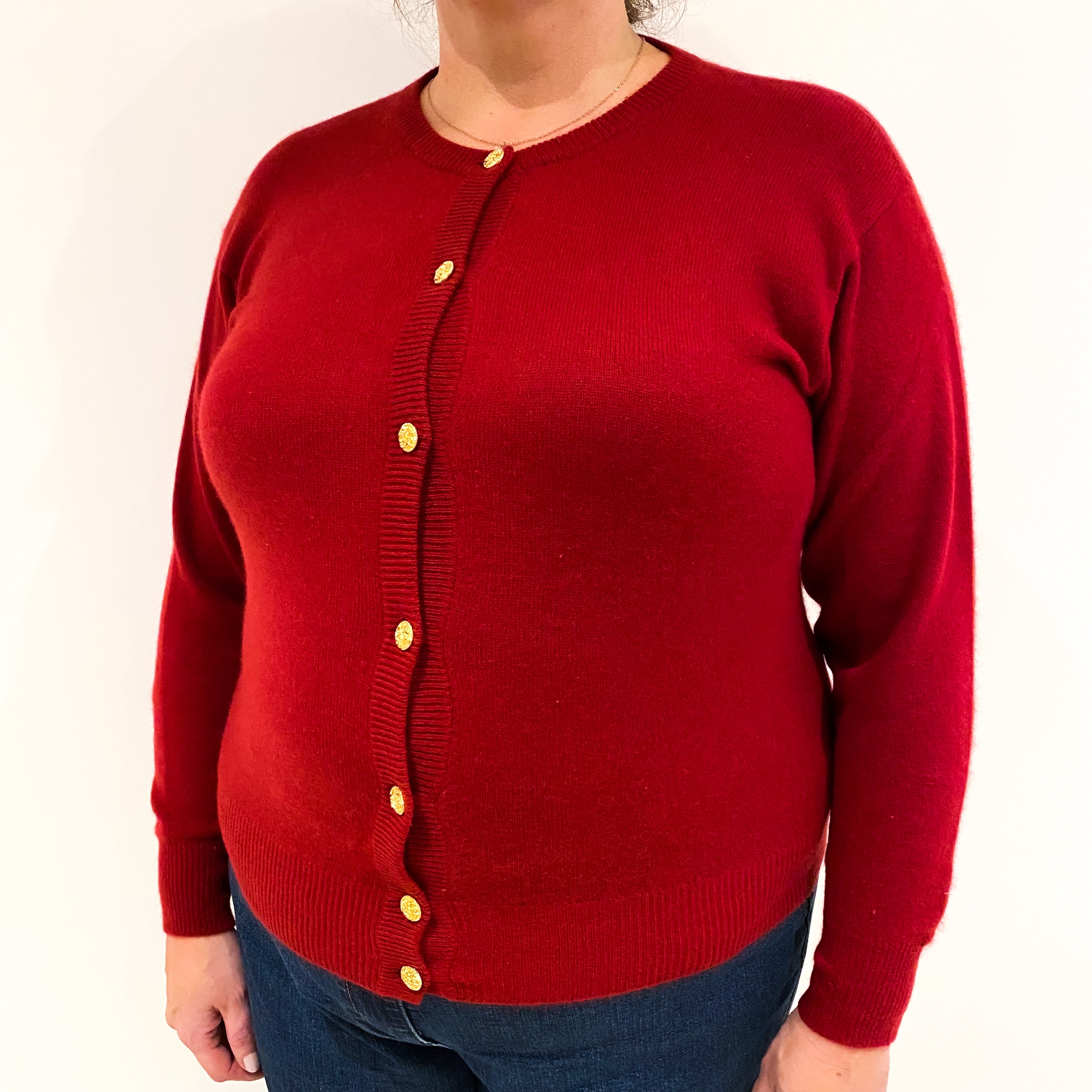Crimson Red Cashmere Crew Neck Cardigan Extra Large