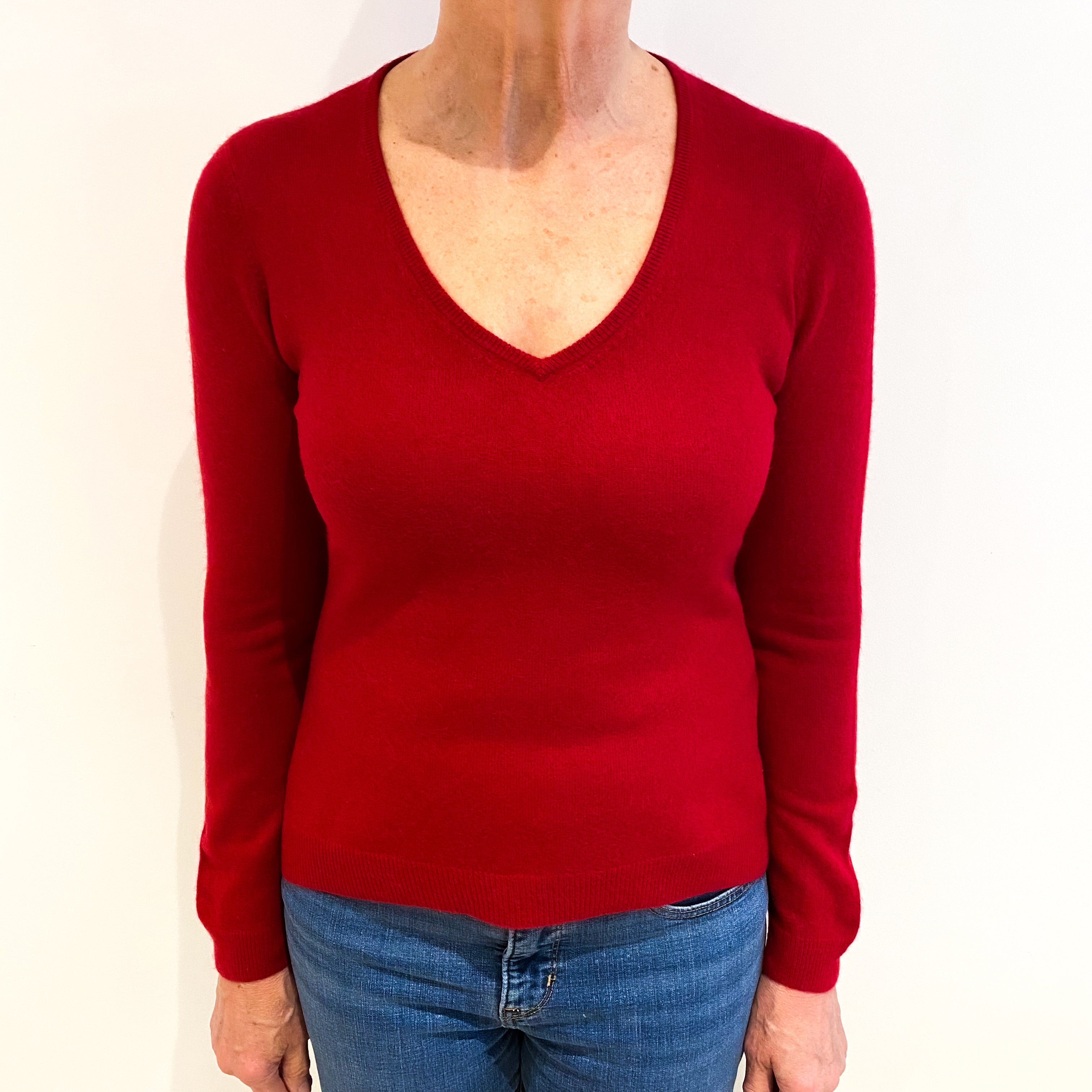 Post Box Red Cashmere V Neck Jumper Medium