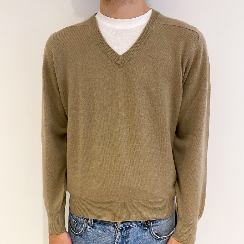 Men's Buff Beige Cashmere V Neck Jumper Medium
