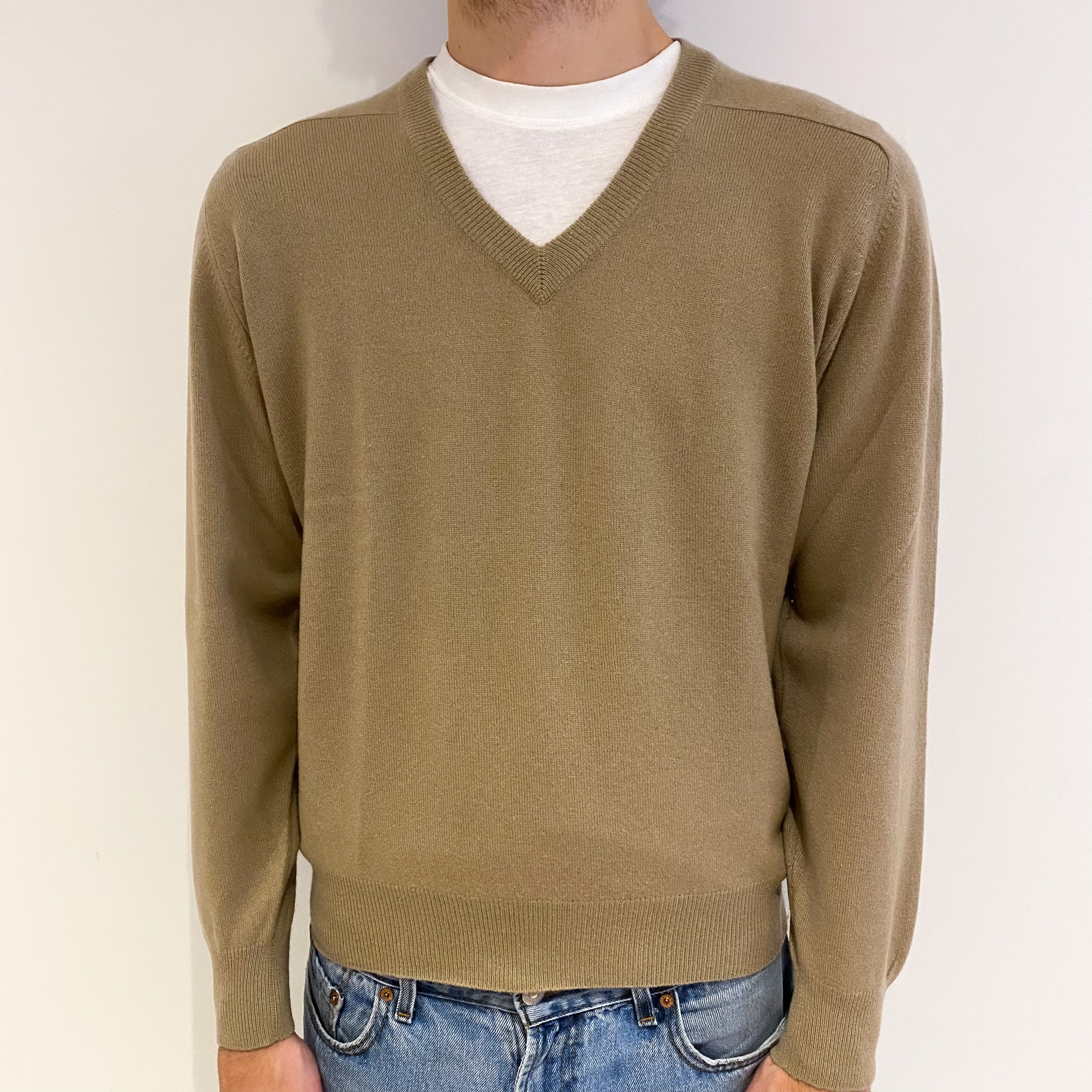 Men's Buff Beige Cashmere V Neck Jumper Medium