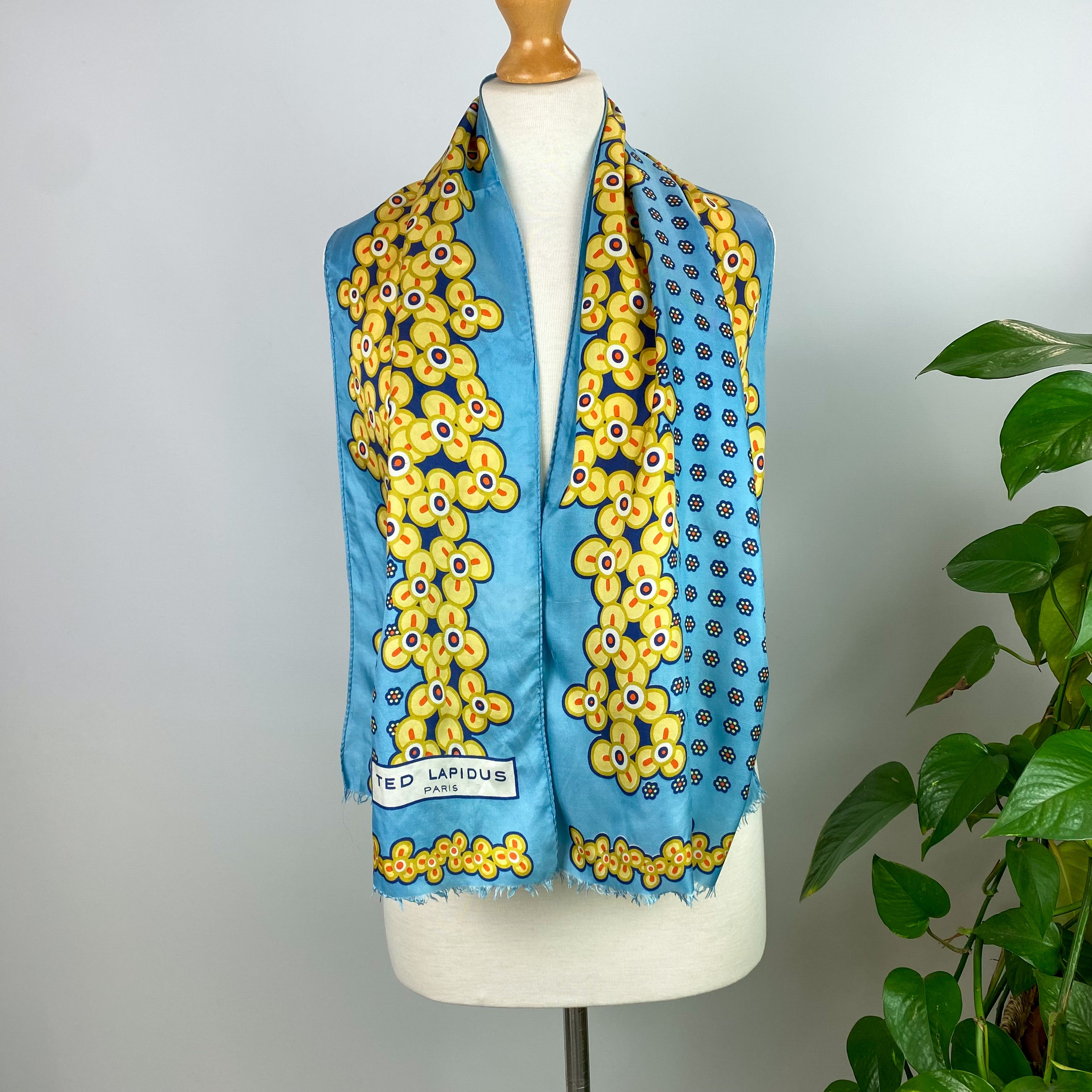 Ted Lapidus Blue and Yellow Vintage Silk Scarf