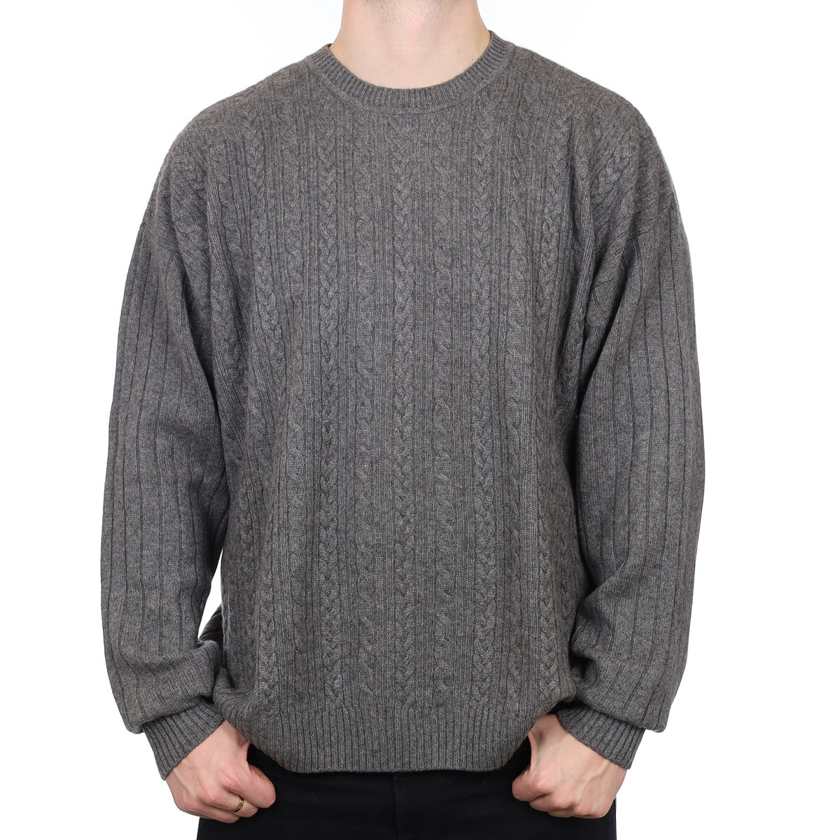 Men’s Slate Grey Cable Cashmere Crew Neck Jumper XXXL