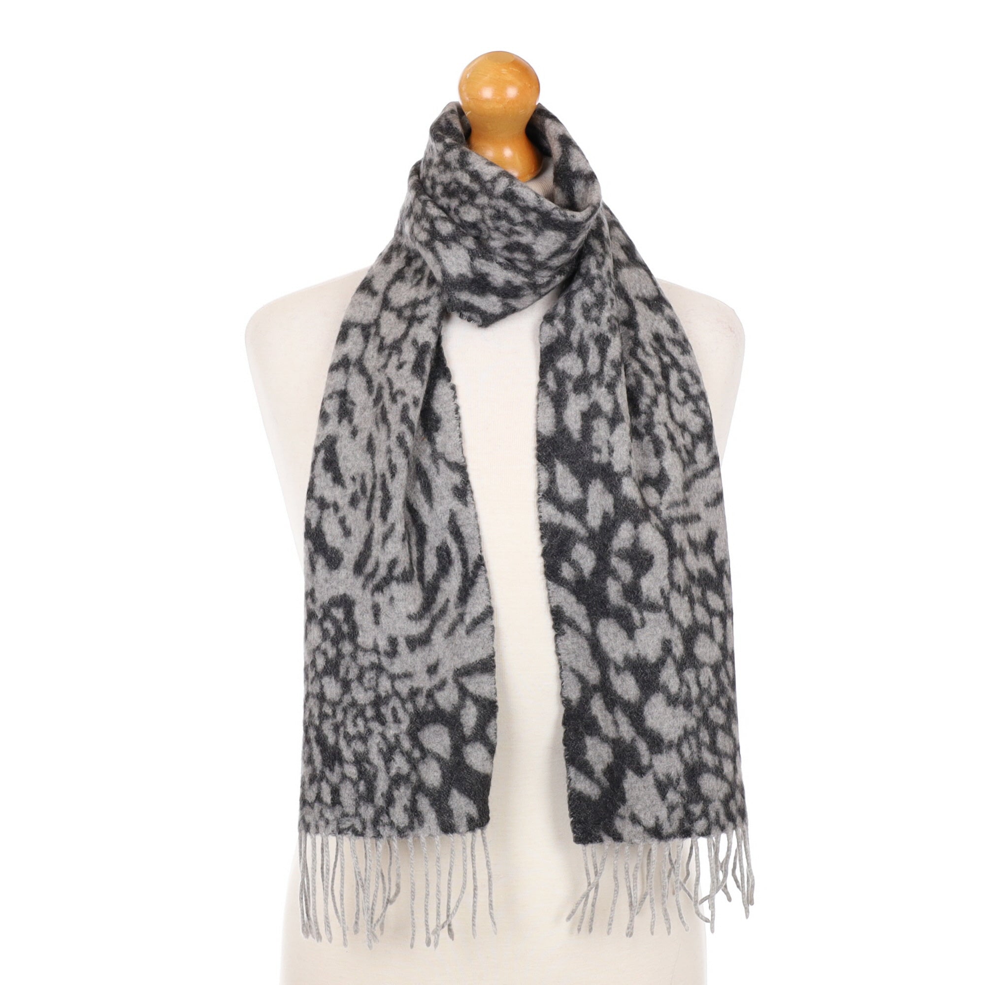Grey Animal Print Cashmere Fringed Woven Scarf