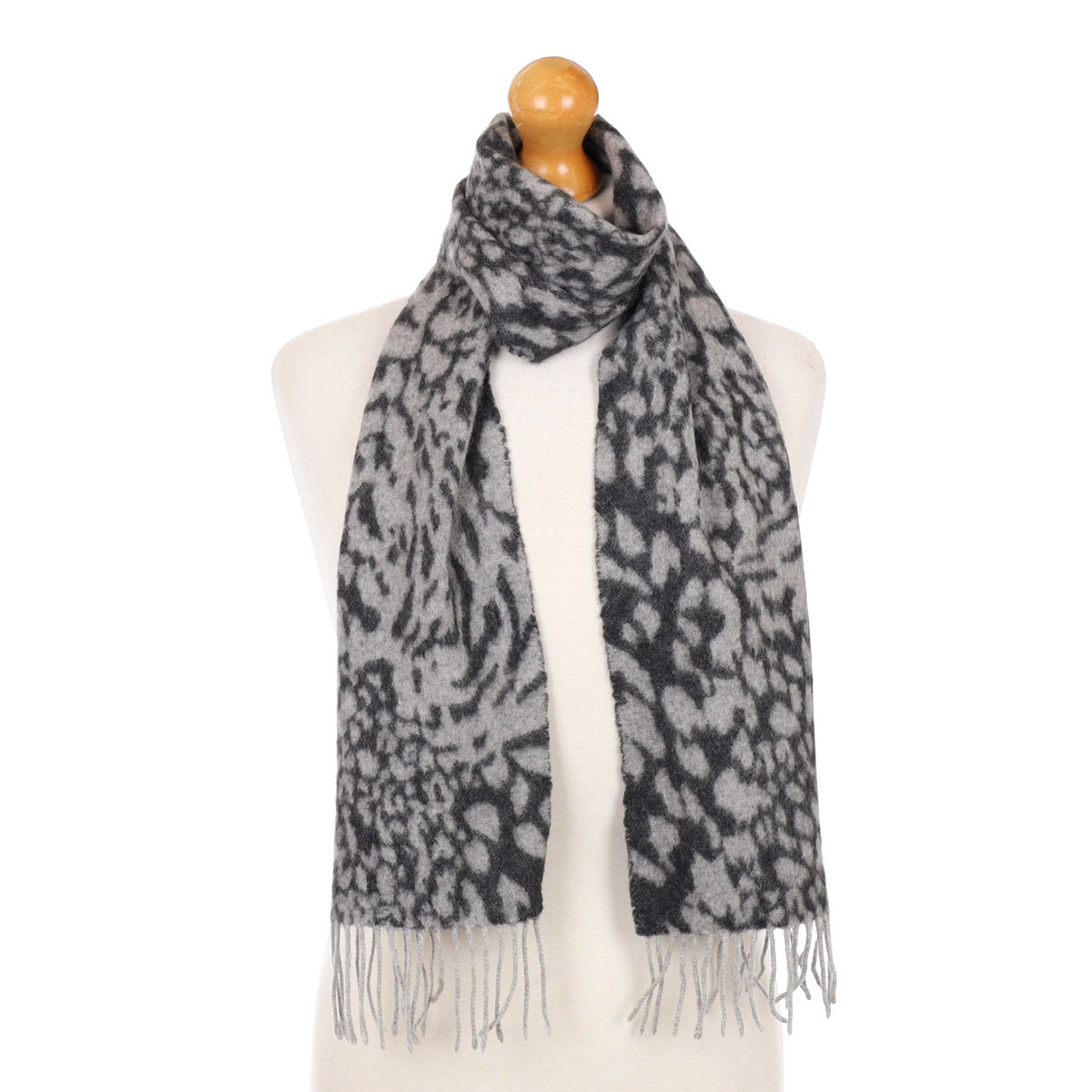 Grey Animal Print Cashmere Fringed Woven Scarf