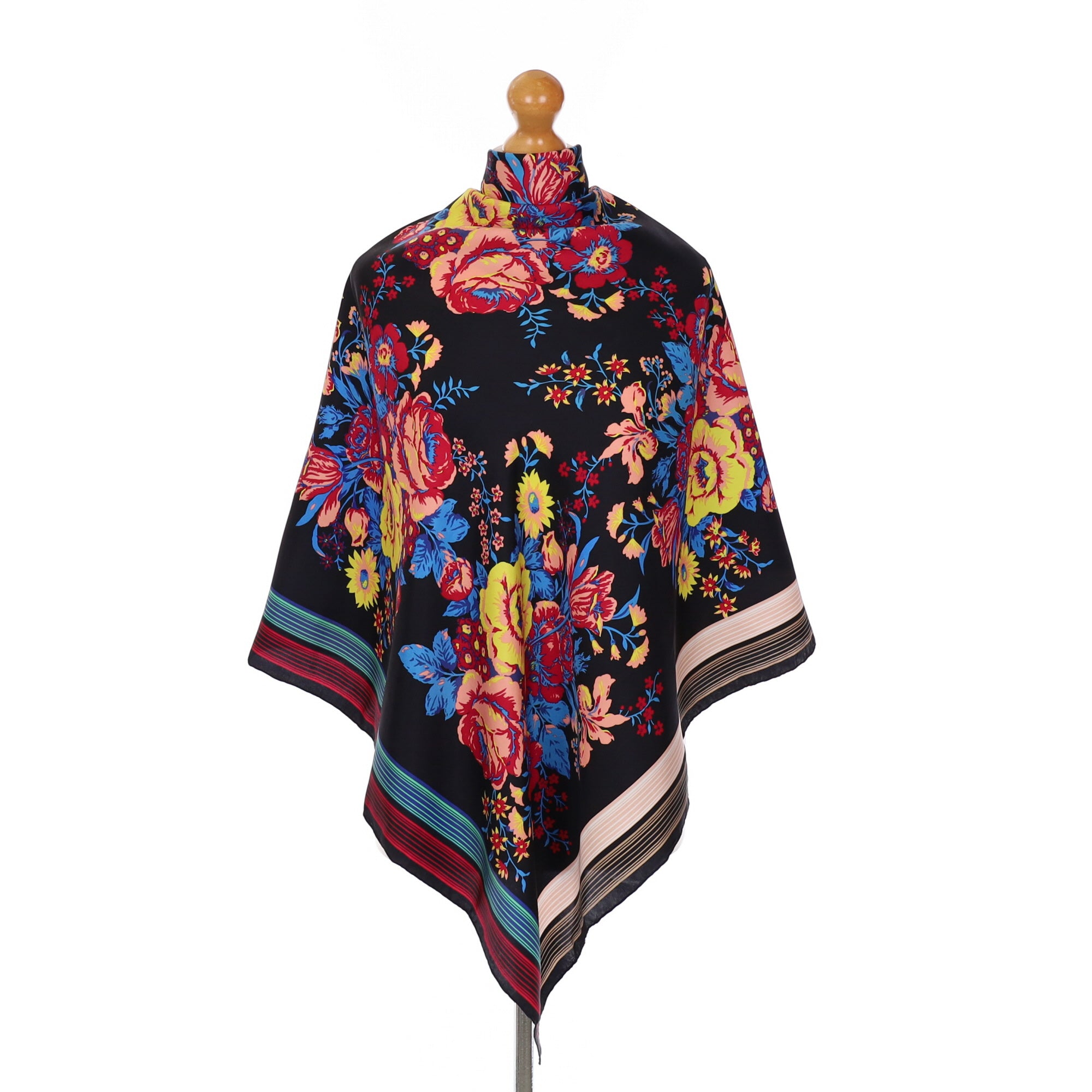 Black Floral Striped Silk Scarf