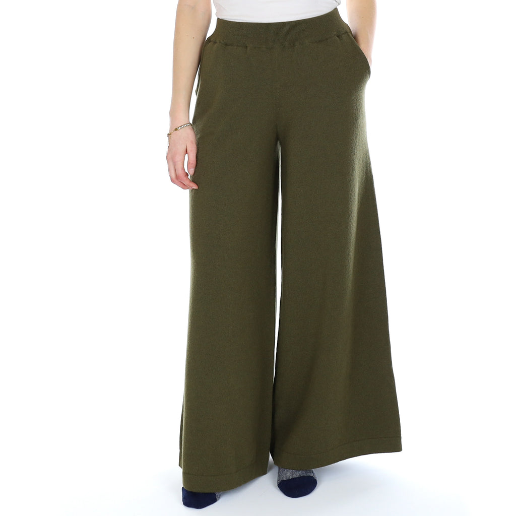 Brand New Scottish Olive Green Cashmere Extra Wide Leg Lounge Pants Small