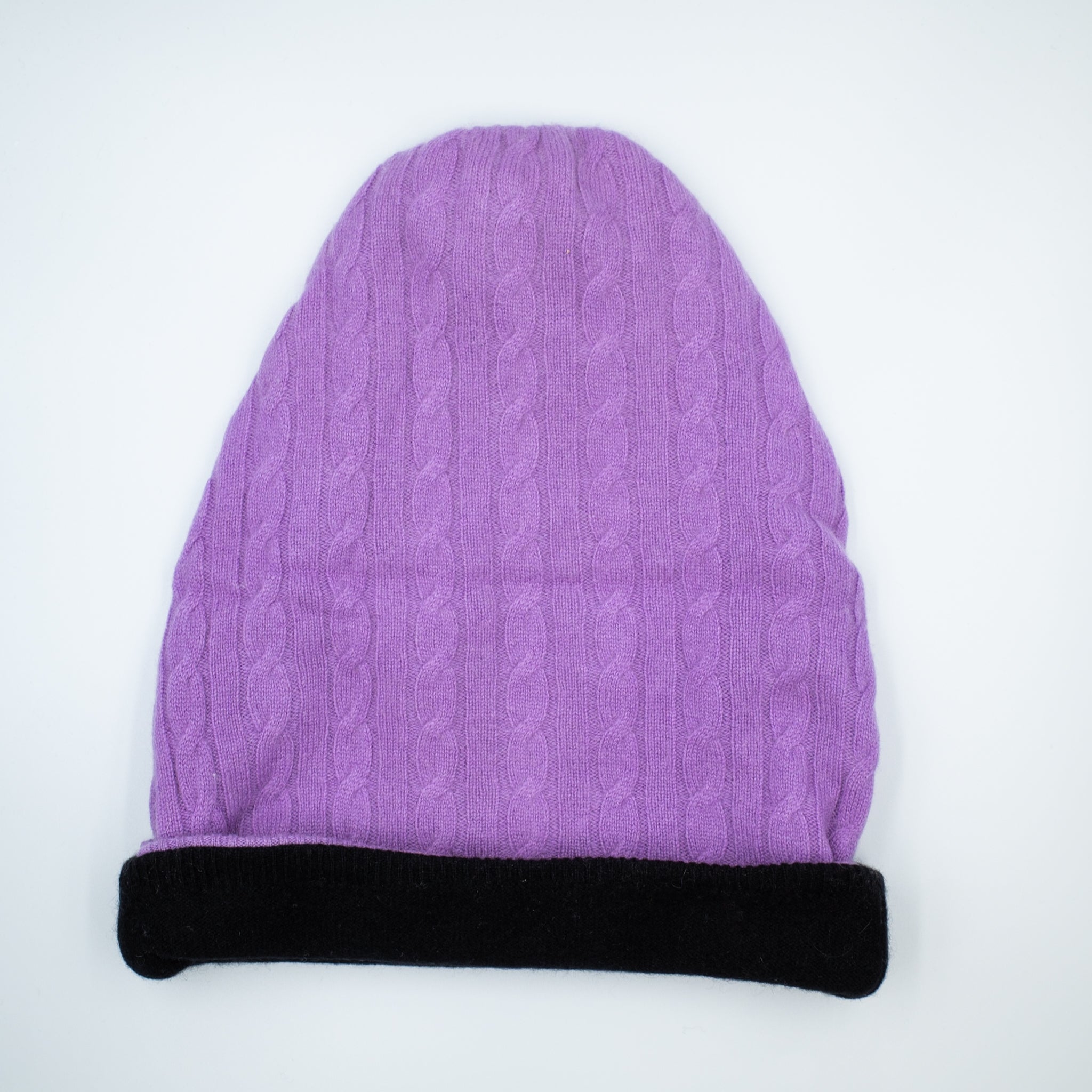Lavender Cable and Black Reversible Slouchy Beanie Hat