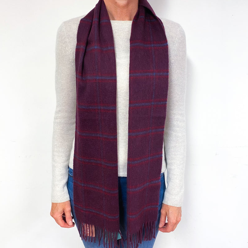 Plum Purple Checked Fringed Cashmere Woven Scarf