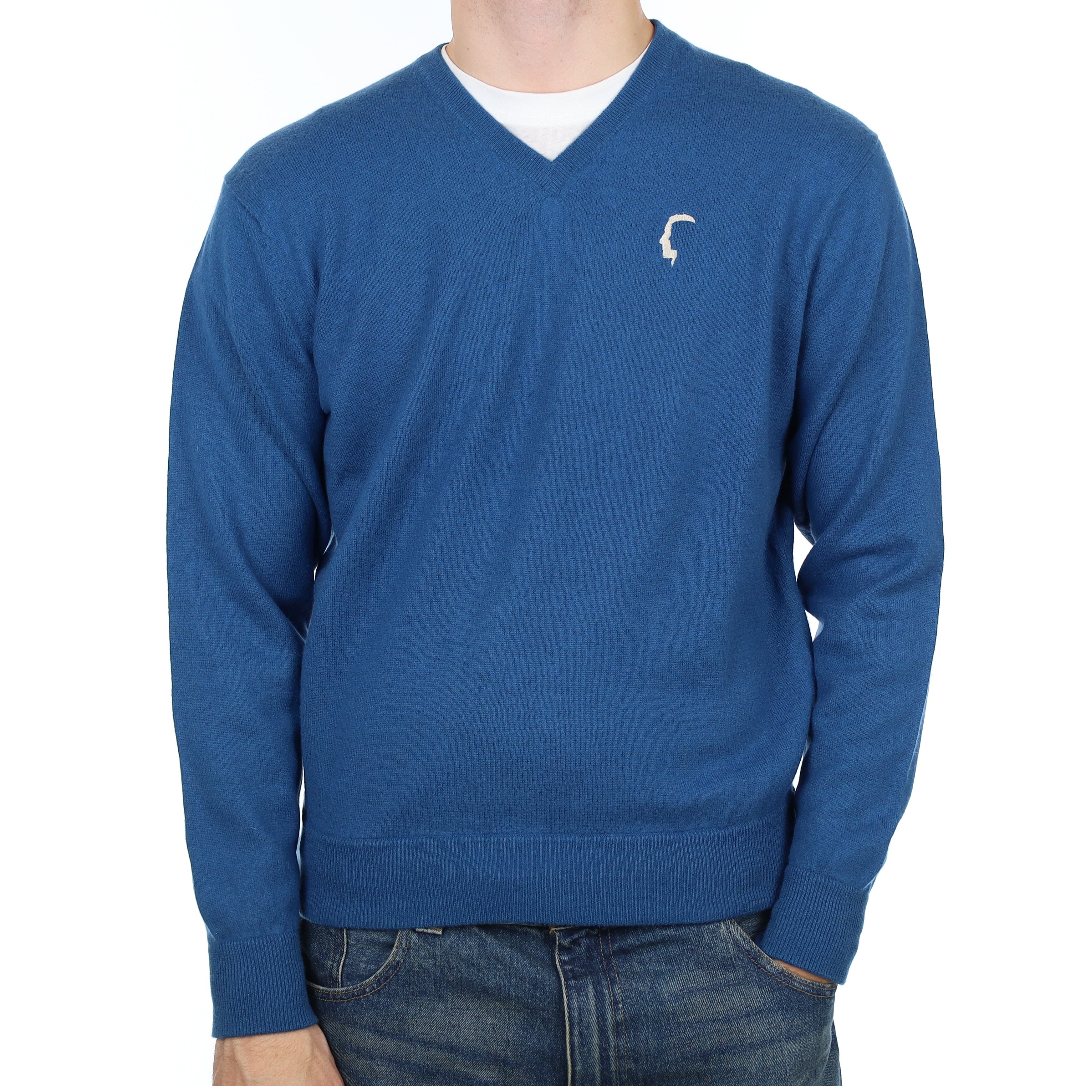 Men’s Ocean Blue Cashmere V Neck Jumper Large