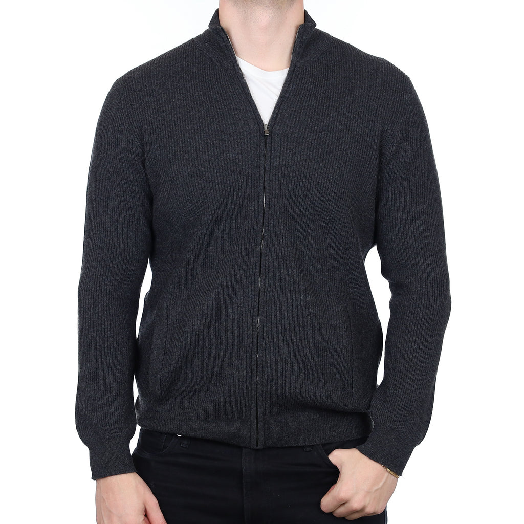 Men’s Brand New Scottish Charcoal Grey Cashmere Zip Up Turtle Neck Cardigan XL