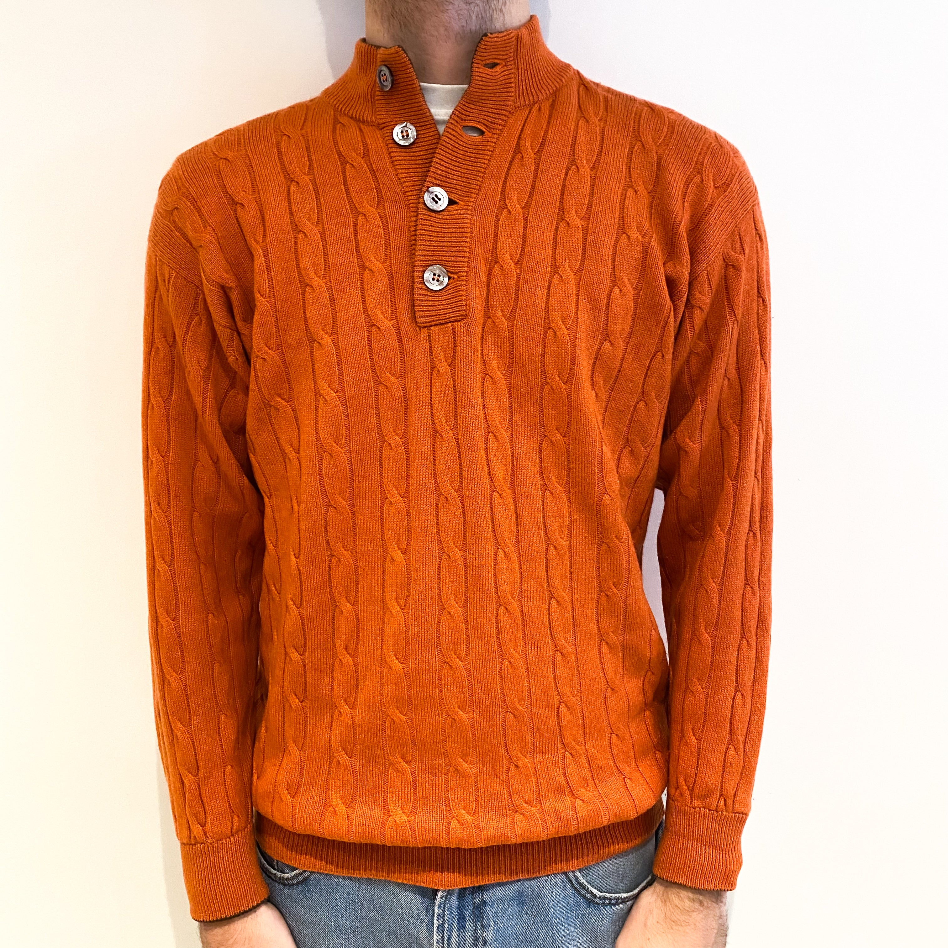 Men's N Peal Orange Cable Cashmere 1/4 Button Jumper Large