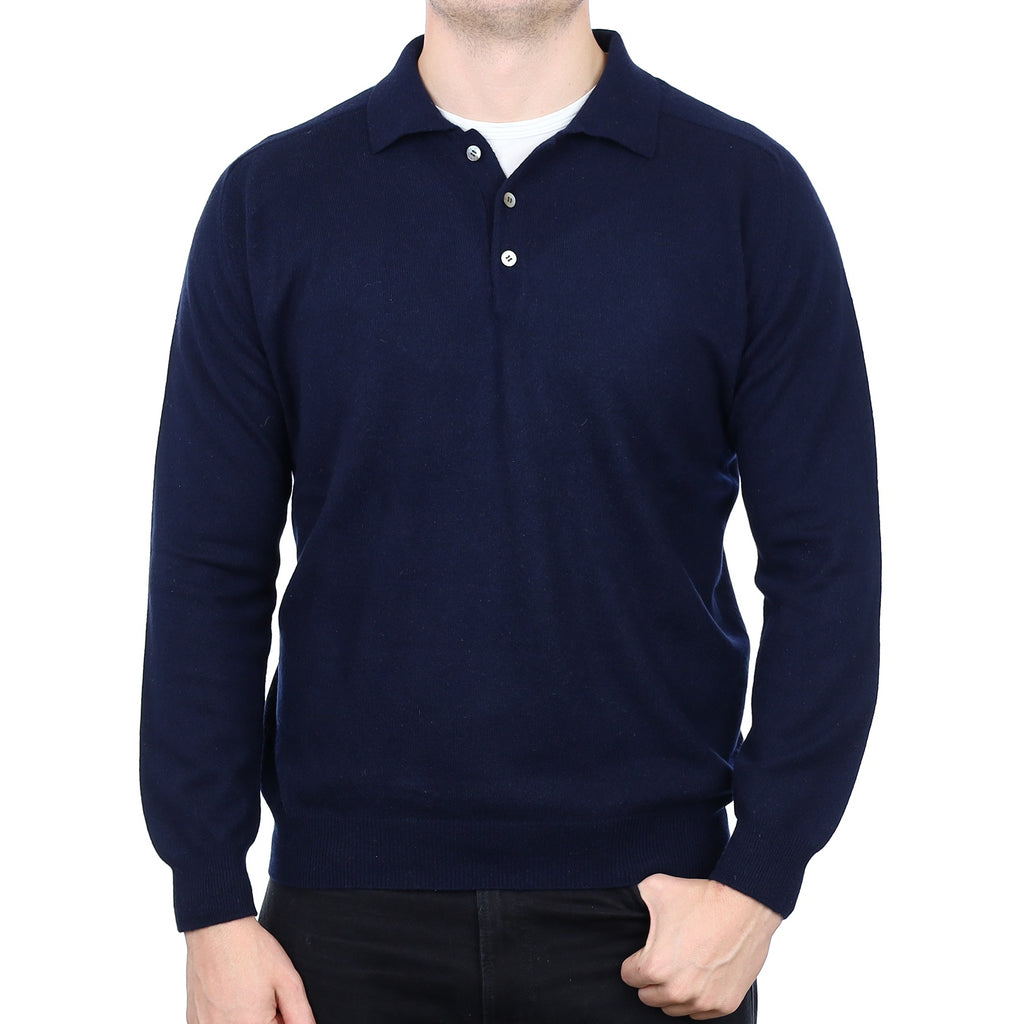 Men’s Yorn Navy Blue Cashmere Collared 1/4 Button Jumper XL