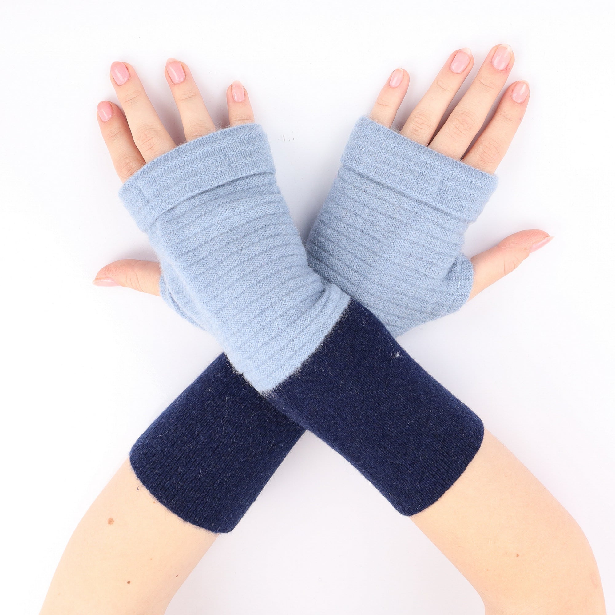 Sky Blue and Navy Fingerless Gloves
