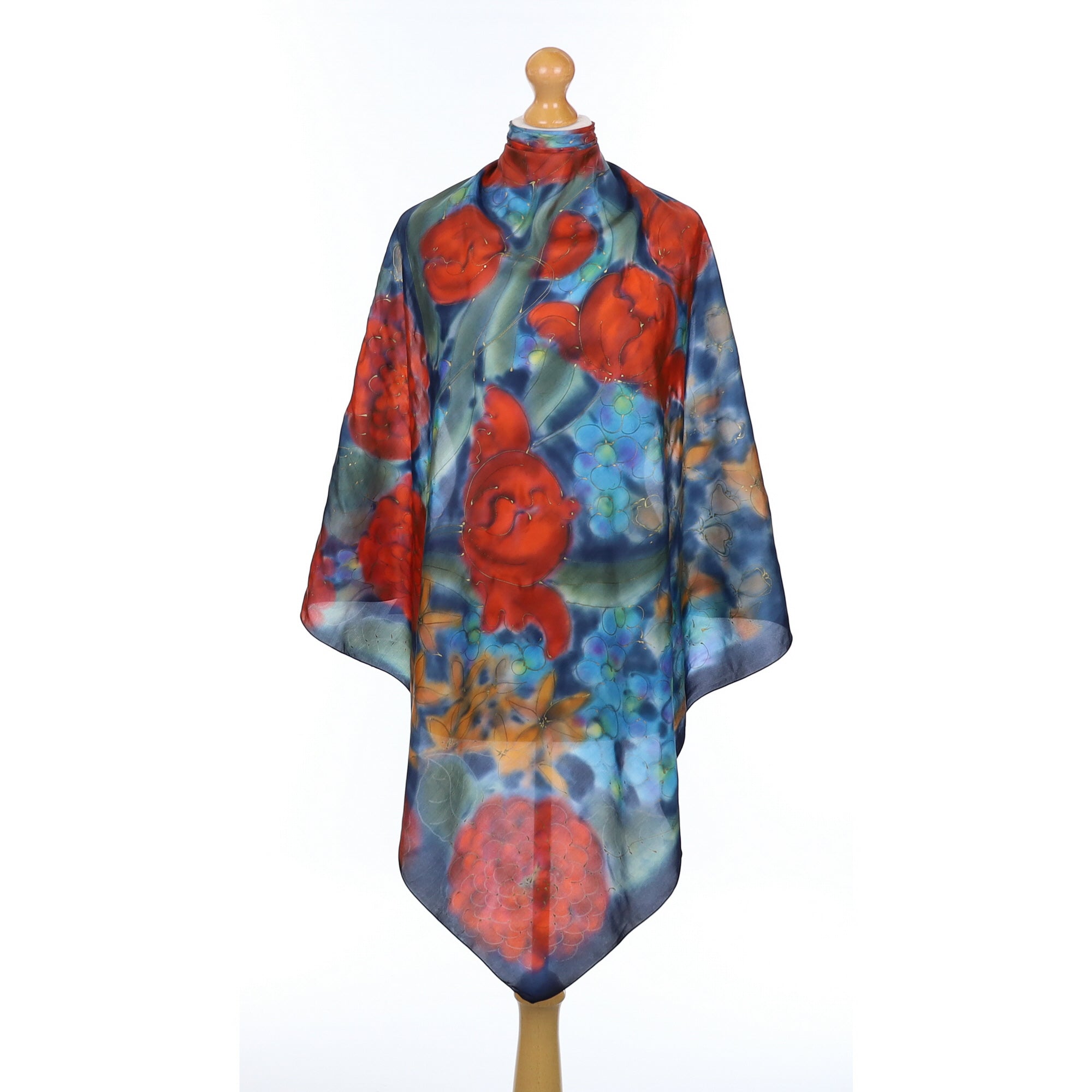Red and Blue Floral Silk Scarf
