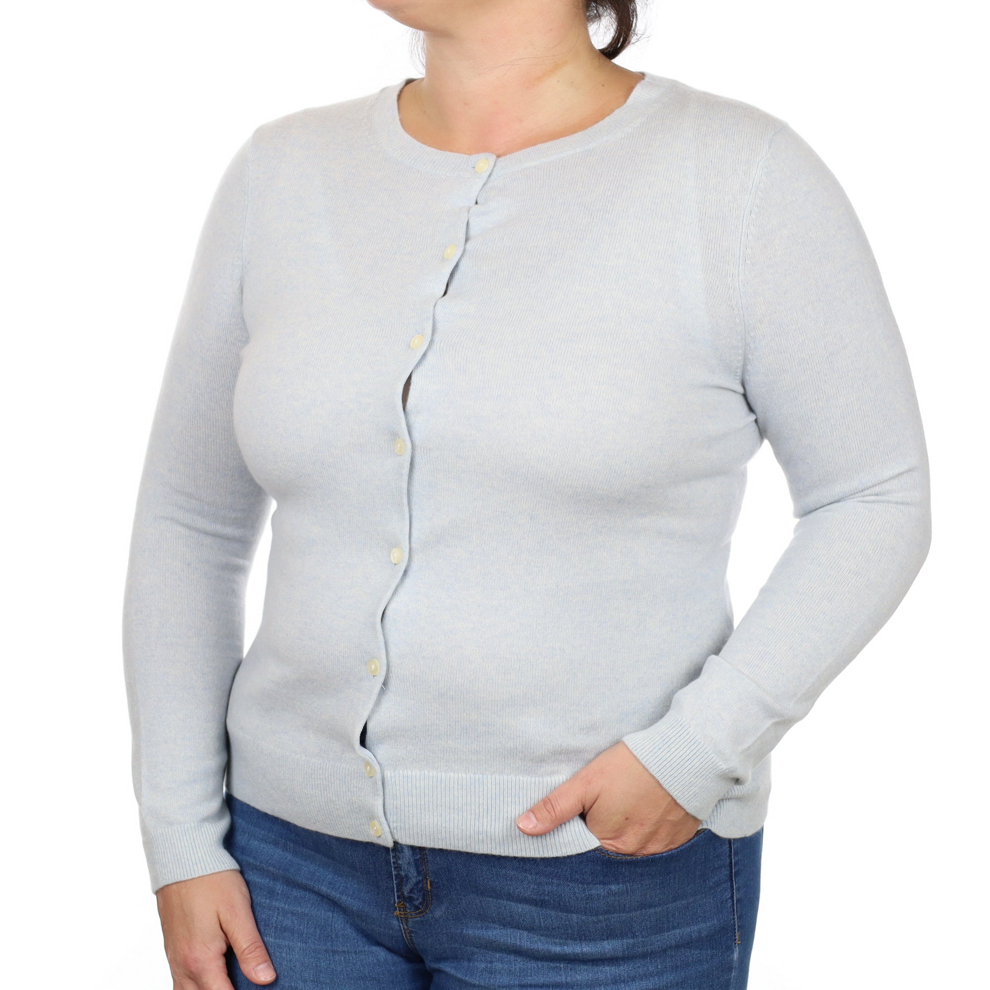 Ice Blue Marl Cashmere Crew Neck Cardigan Large